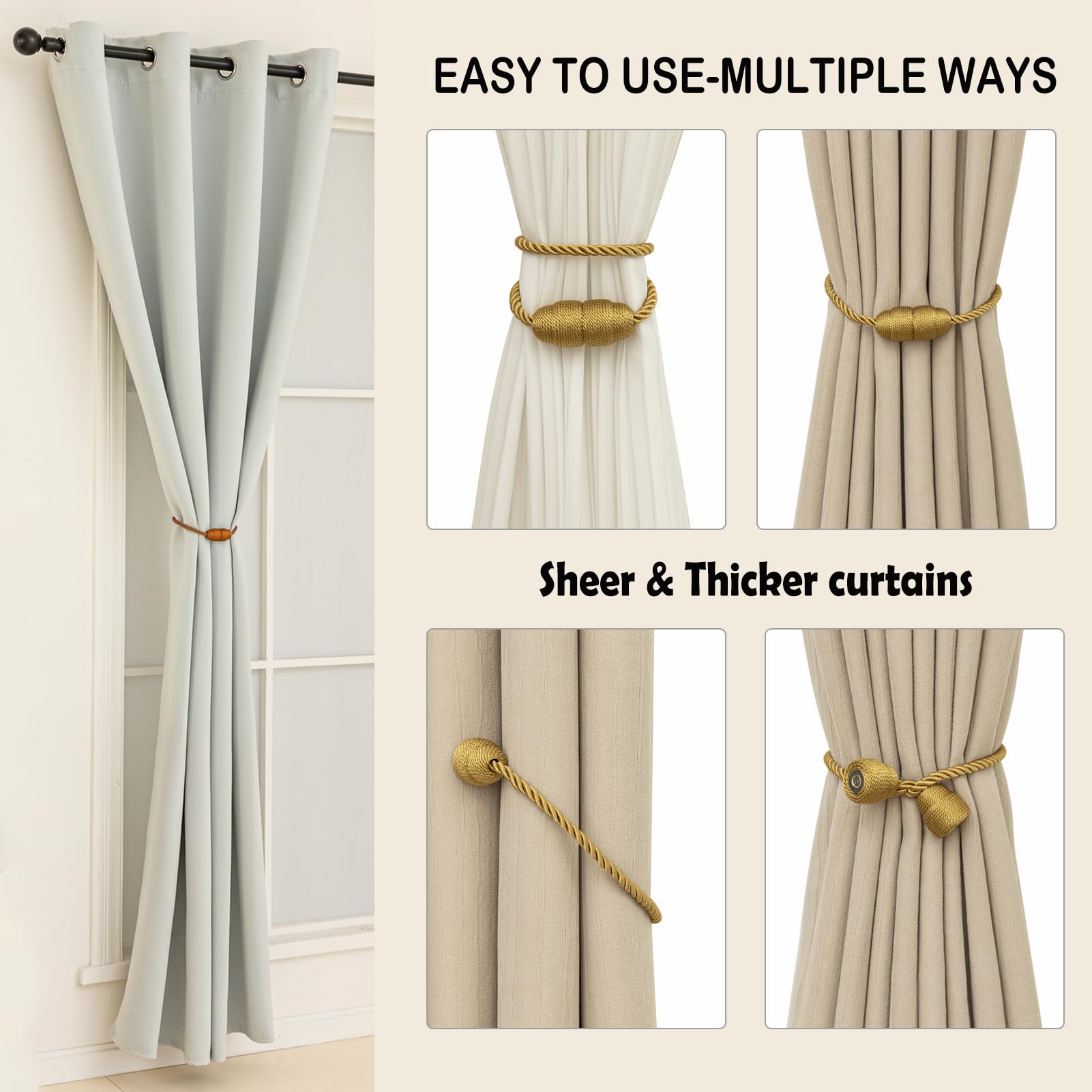 Magnetic Curtain Tiebacks Rope Curtain Tie Backs for Curtains 8 Pack Curtain Holders for Drapes Decorative Window Curtain Holdbacks (8 Count)