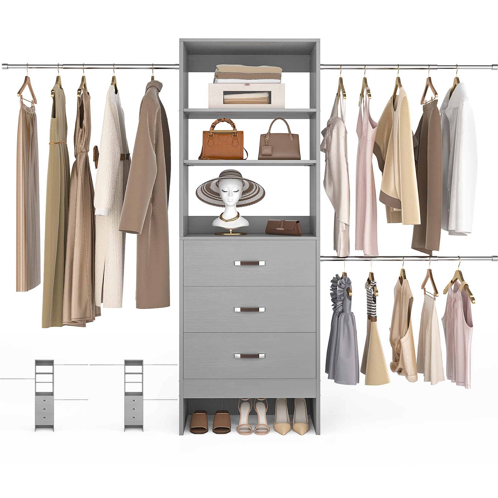 96'' Closet Organizer System with 3 Hanging Rods
