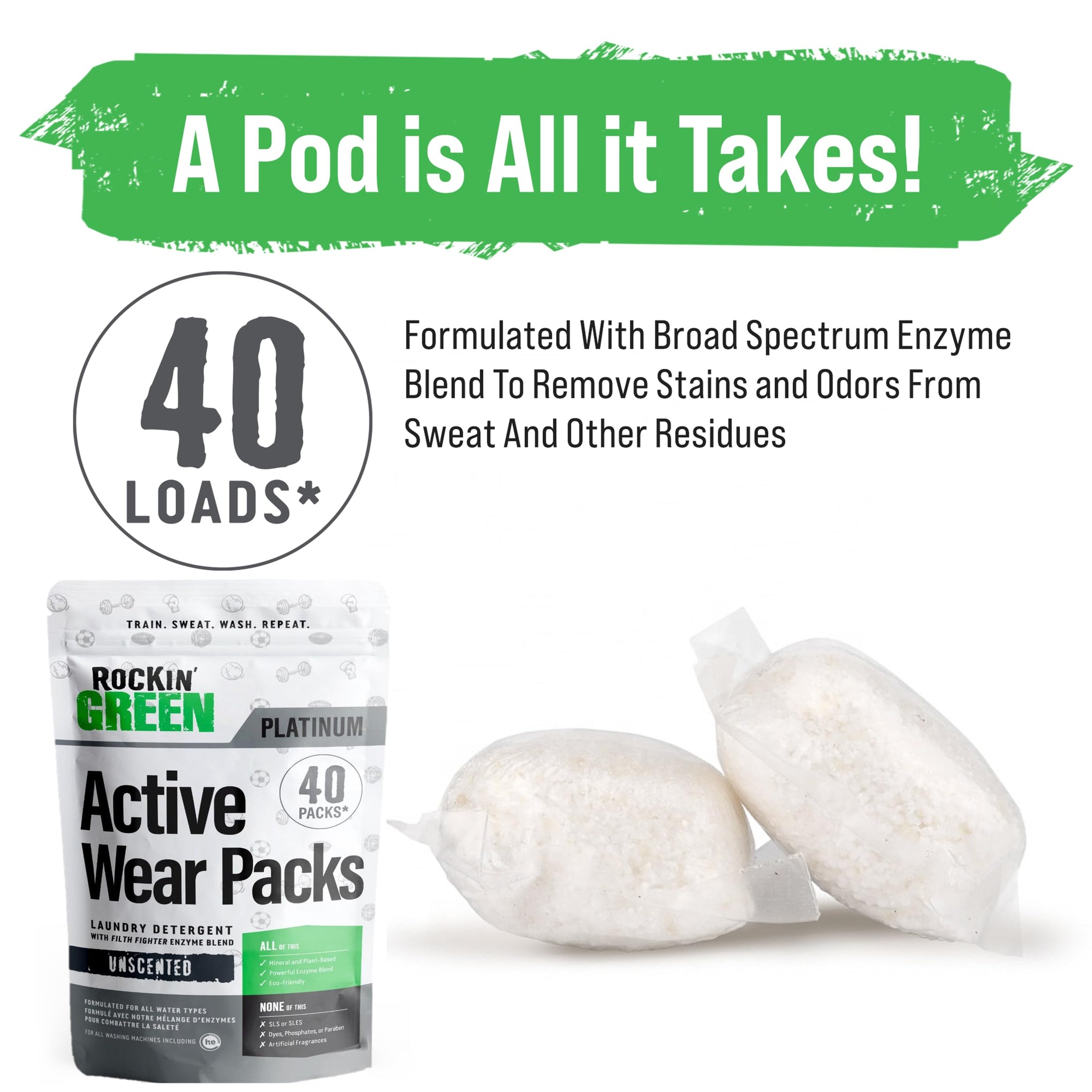 Active Wear Detergent Pods For Sport Unscented 40 Loads (40 Count)