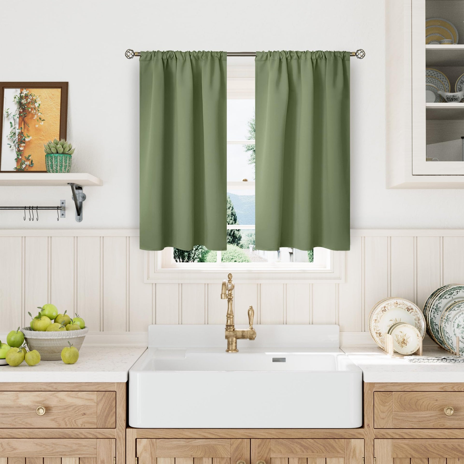 Olive Green Kitchen Window Curtains 45 Inches Long Rod Pocket (2 Count)