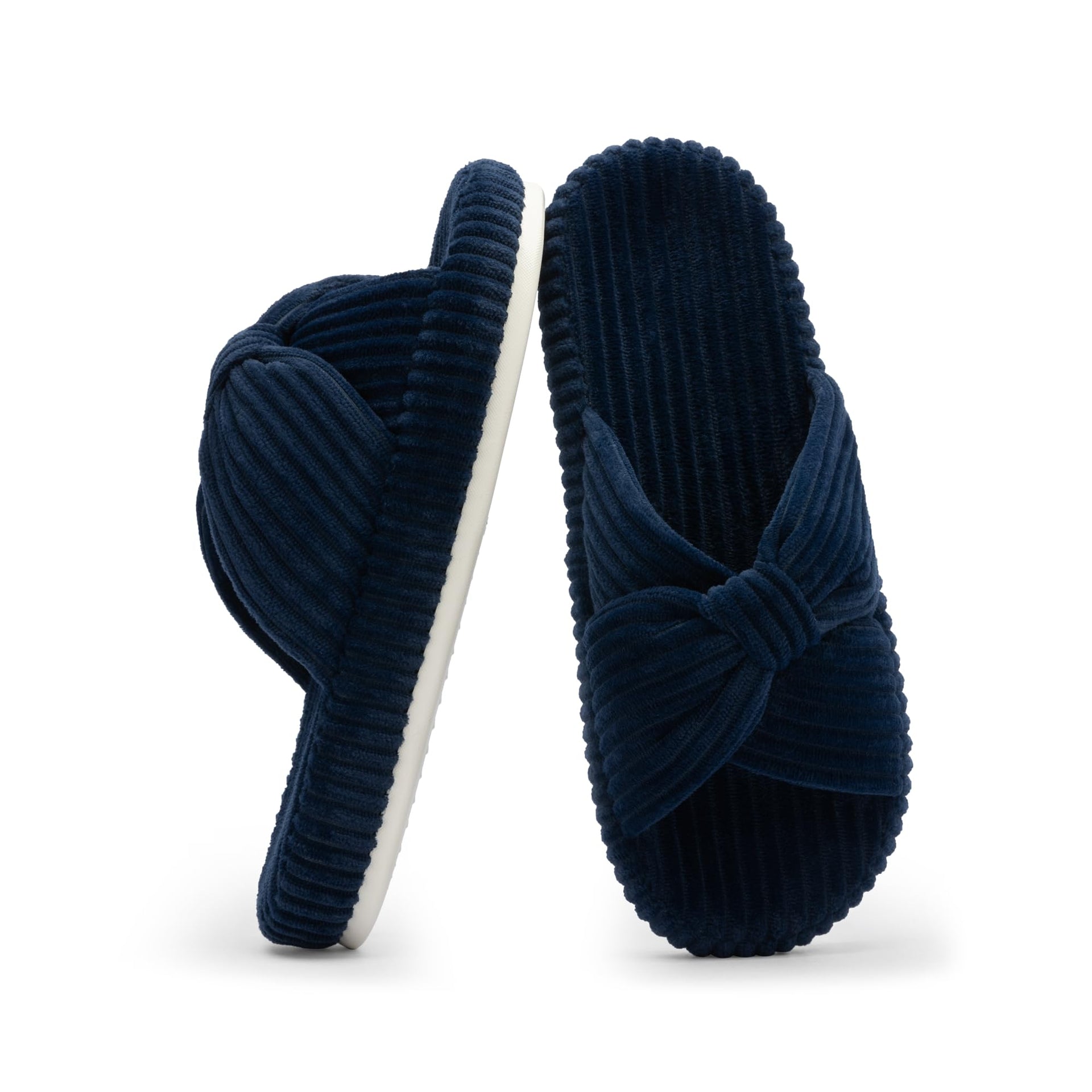Slippers for Women Memory Foam House Bedroom Corduroy Bow Crossbands Slipper Shoes Comfy Trendy Gift Slippers Navy Blue Size 11 12 10.5