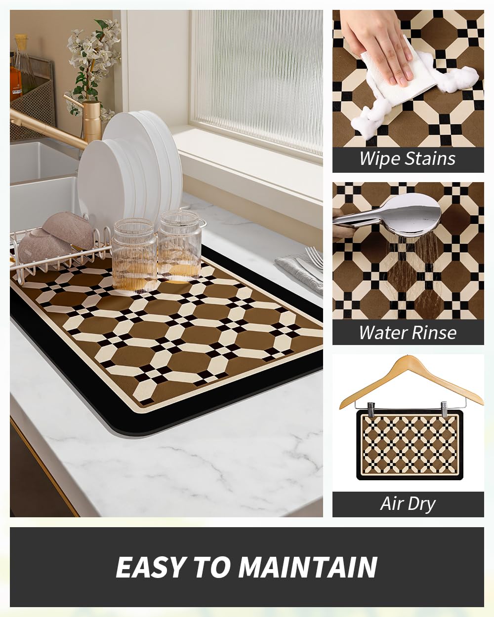 Coffee Mat Hide Stain Rubber Backed Absorbent Dish Drying Mat for Kitchen Counter