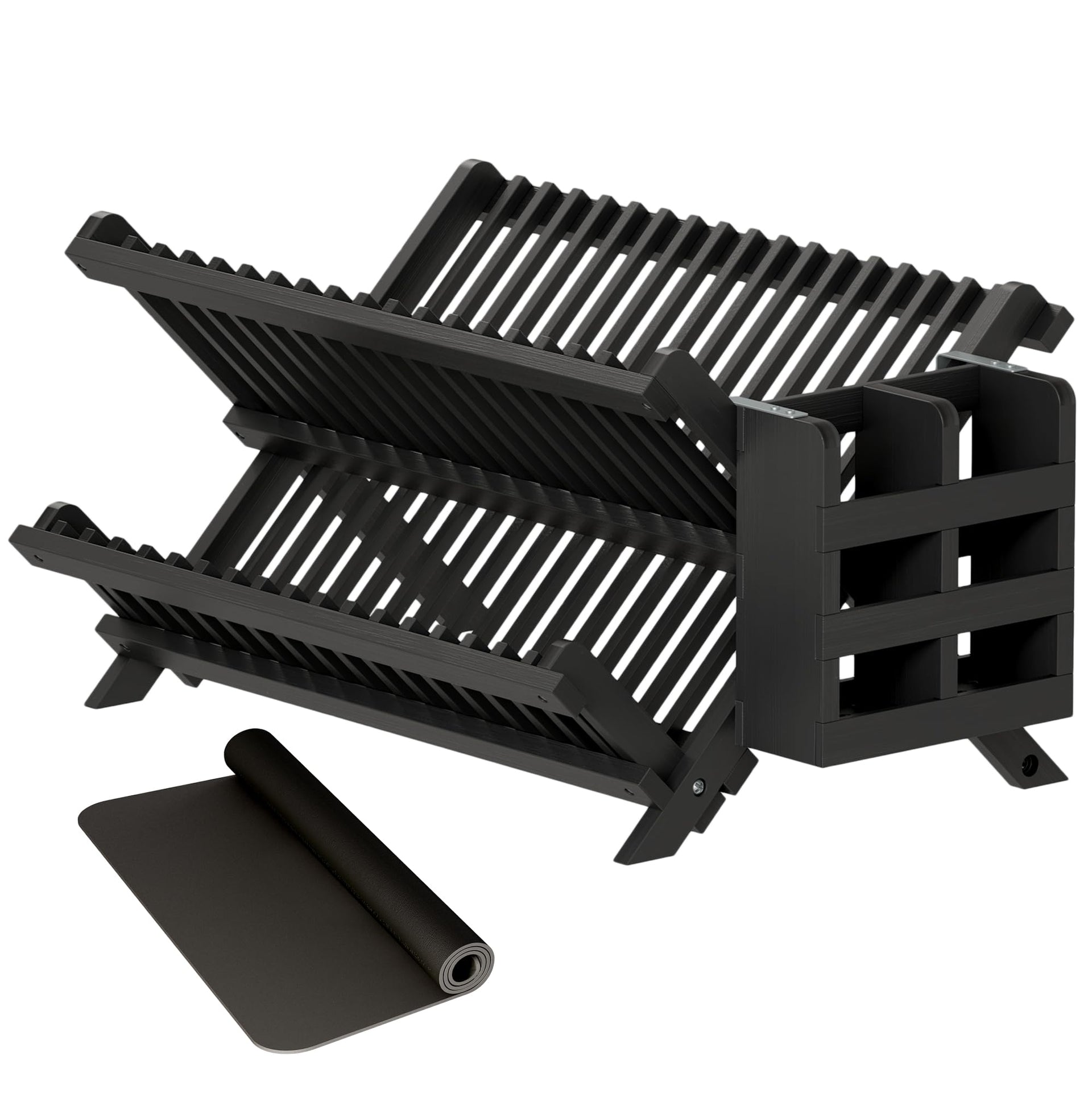 Black Bamboo Dish Drying Rack with Utensil Holder