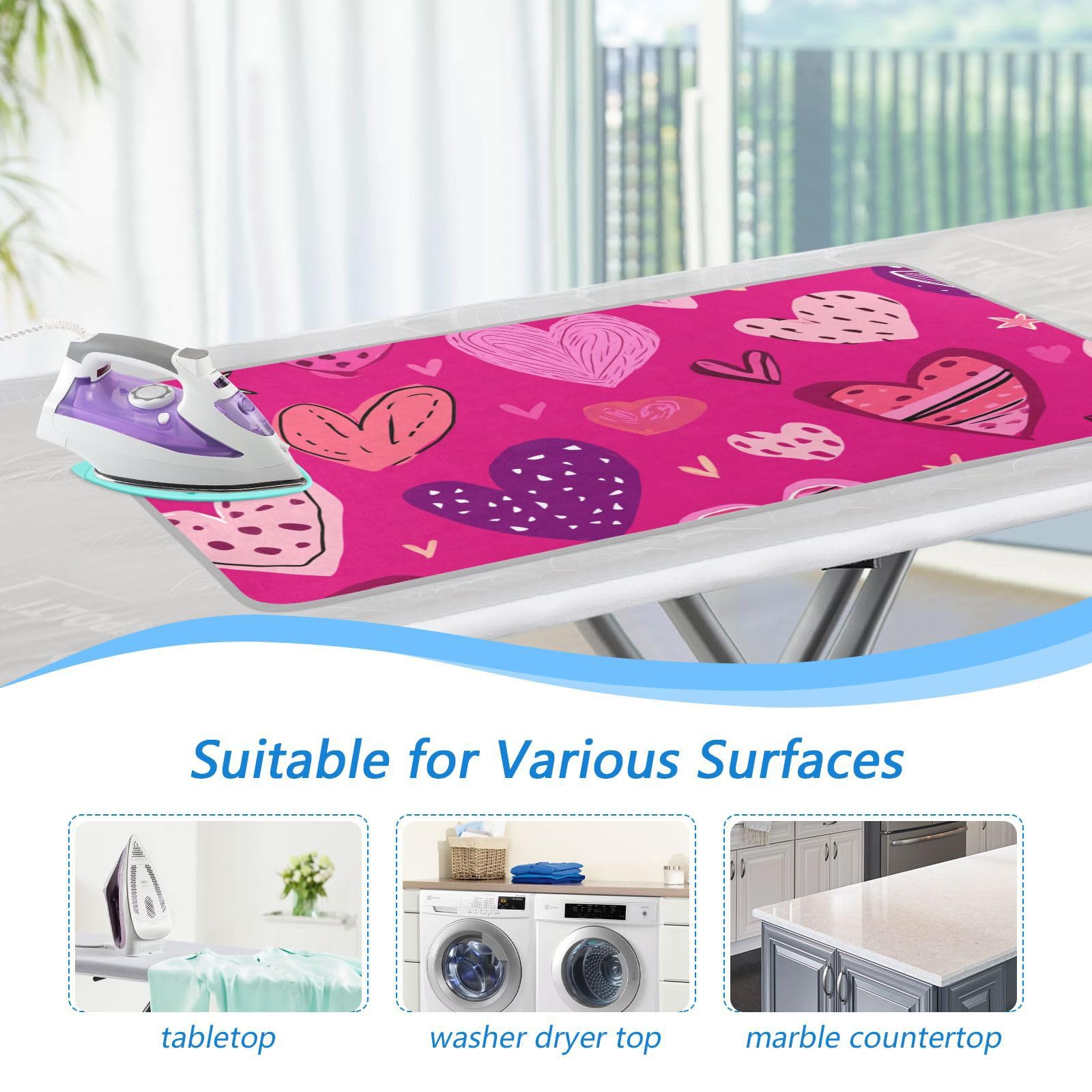 Hot Pink Doodle Hearts Stars Valentine Ironing Mat Portable Ironing Pad Blanket with Silicone Iron Rest for Table Top Travel Heat Resistant Double