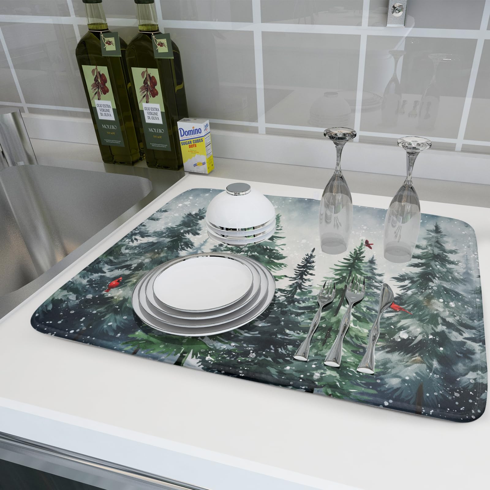 Winter Dish Drying Mat for Kitchen Counter Winter Pine Tree Dish Drying Mat 18x24 Inch Red Bird Christmas Dish Draining Mat Absorbent Reversible Dish Pad Kitchen Accessories Table Protector