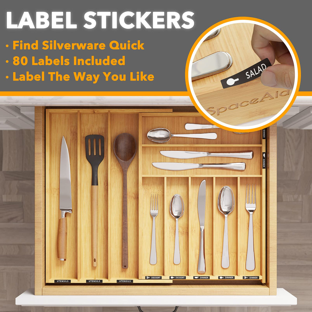 Bamboo Silverware Drawer Organizer with Labels