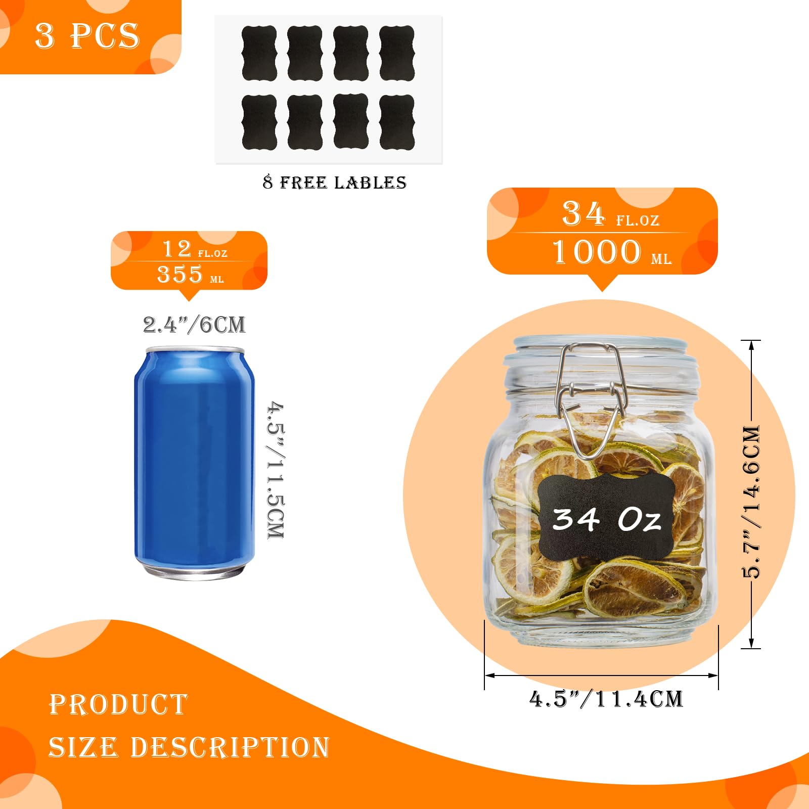 34oz Square Glass Food Storage Jars with Airtight Clamp Lids 3 Pack (3 Count)