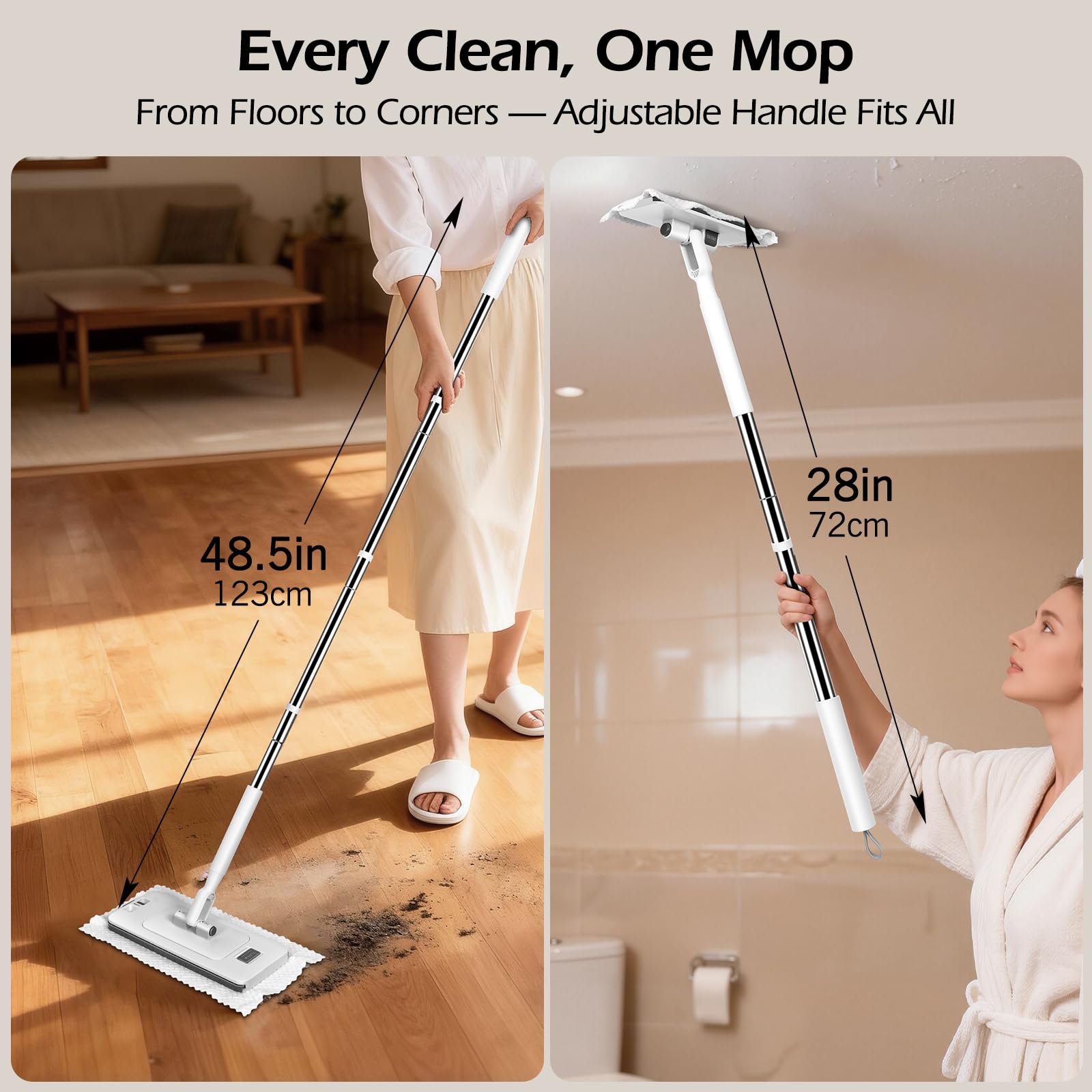 2-in-1 Hands Free Flat Mop,Disposable Dust Mop with 47" Long Handle
