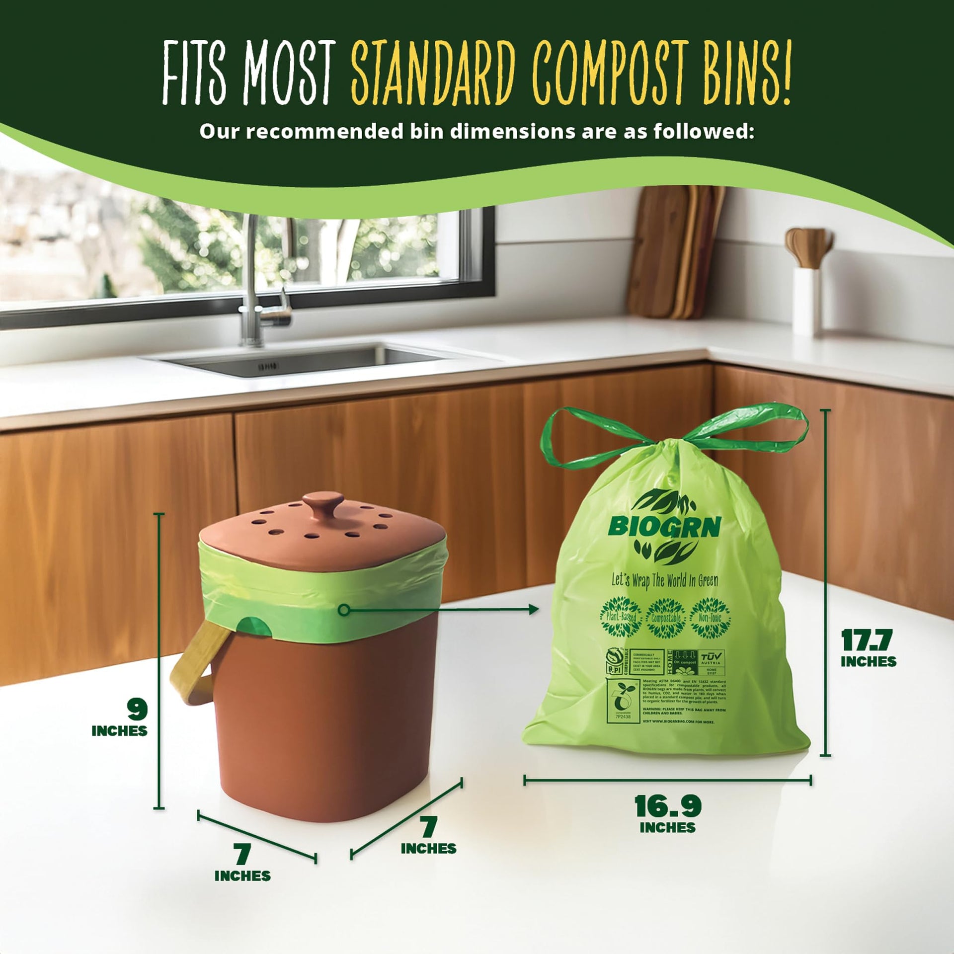 2.6 3 Gallon Compostable Trash Bags Drawstring 50 Bags Extra Thick 1 Mil 11.36 Liter Small Biodegradable Trash Bags for Kitchen Countertop Bin ASTM D6400 (50 Count)