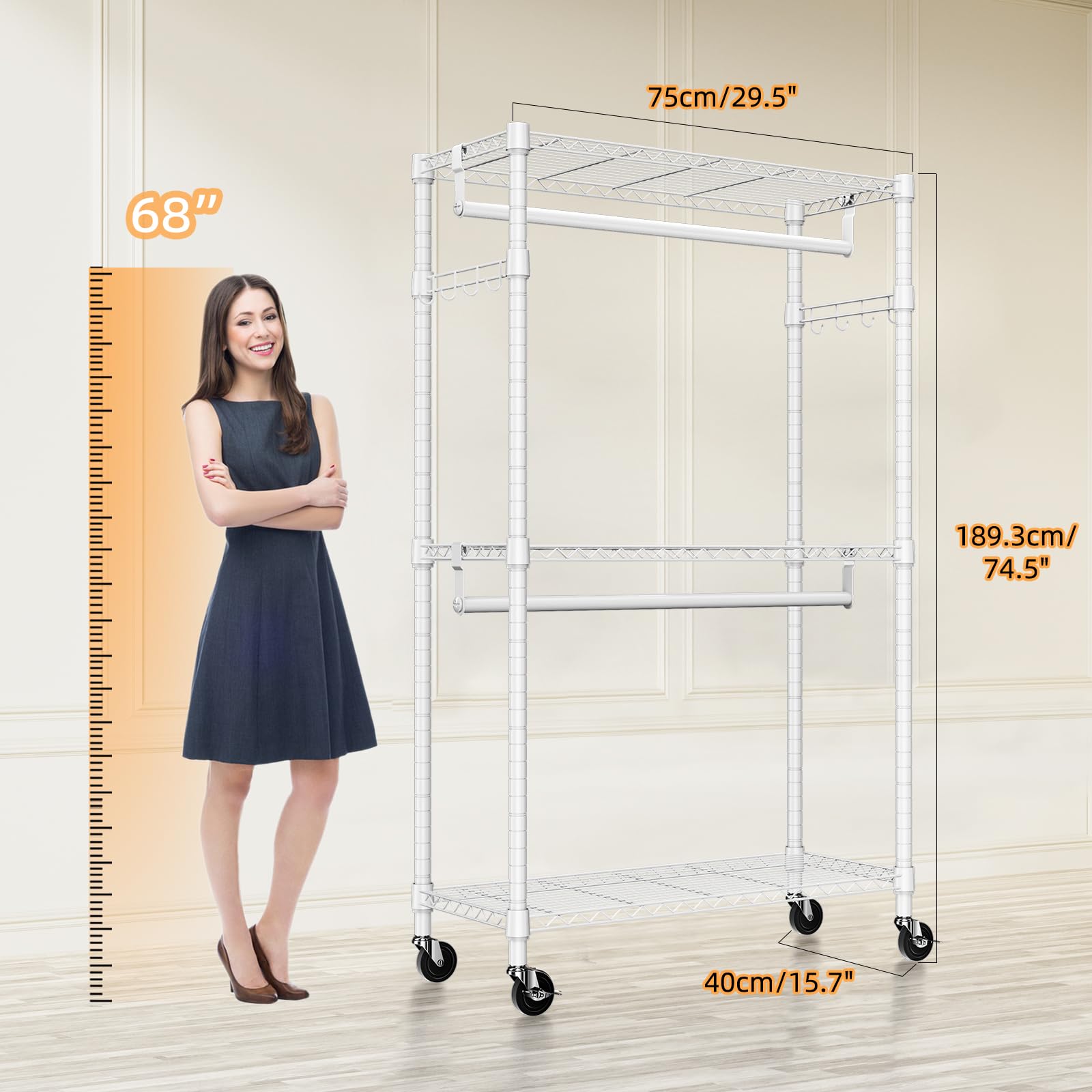 Heavy Duty Rolling Garment Rack 3 Tiers Adjustable Wire Shelving Clothes Rack with 2 Rods and Side Hooks