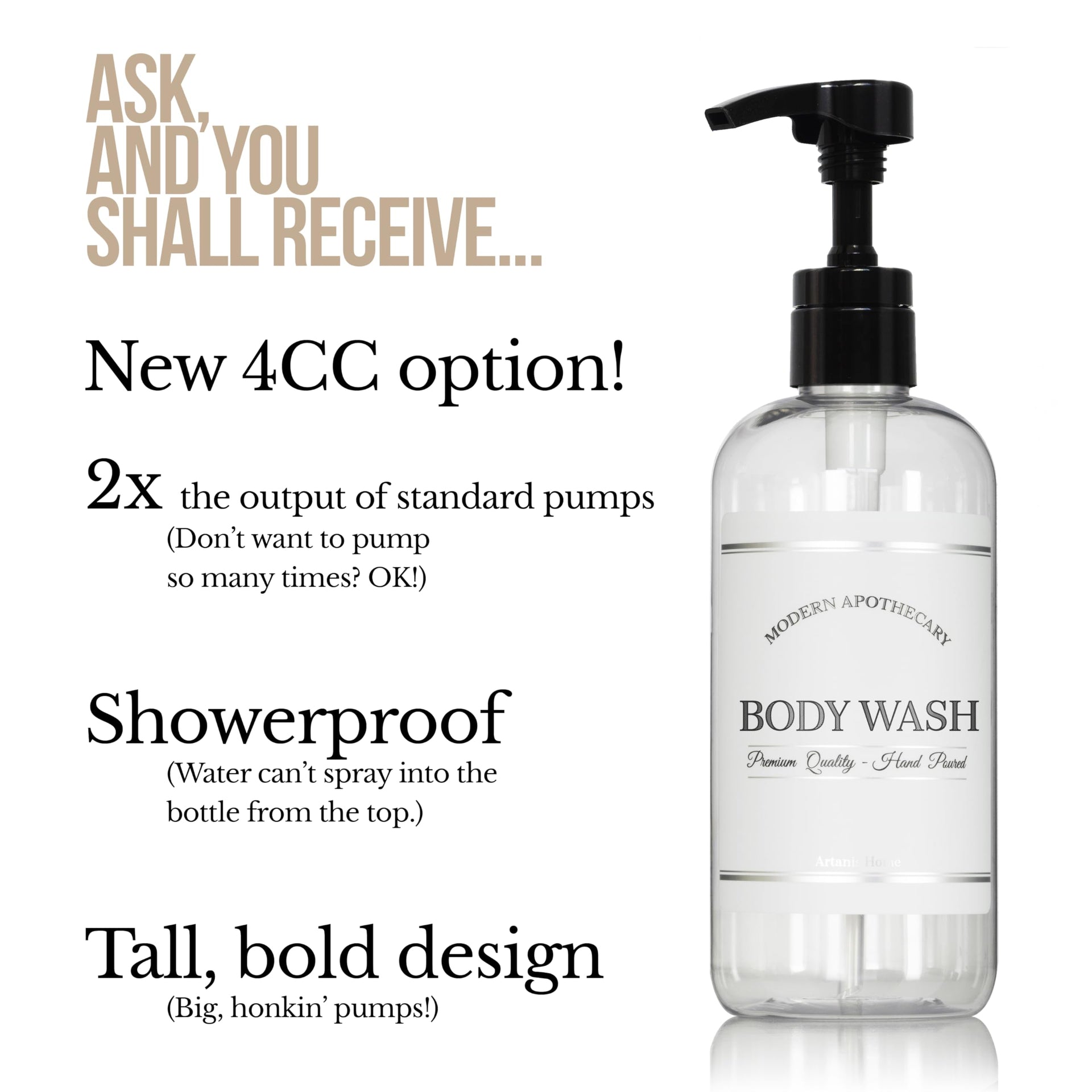 Refillable Clear PET Plastic 16 oz Body Wash Bottle with High Output Black Plastic Pump Dispenser