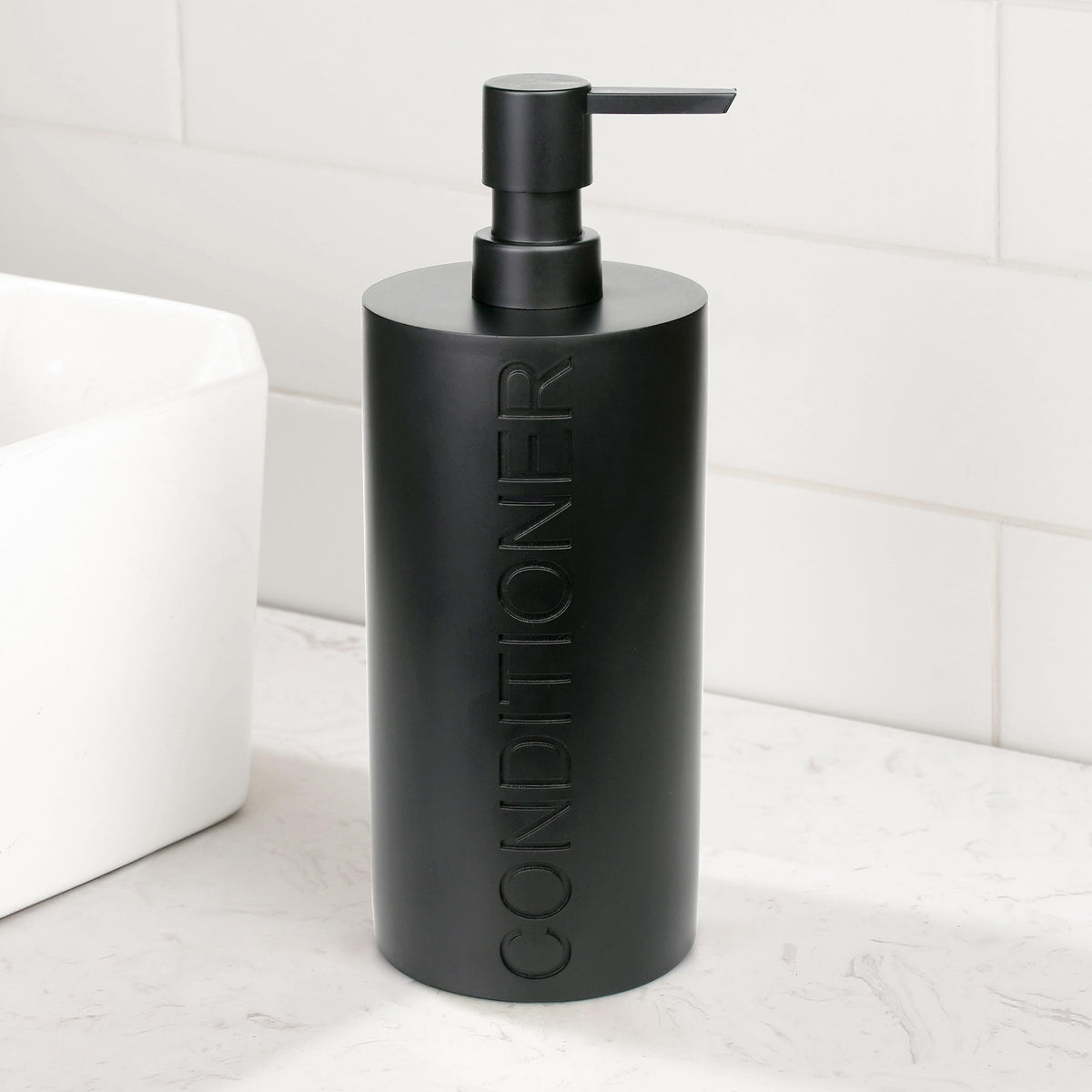Matte Black Conditioner Dispenser Luxurious Refillable Pump Bottle with Black Resin Pump and Embossed Text