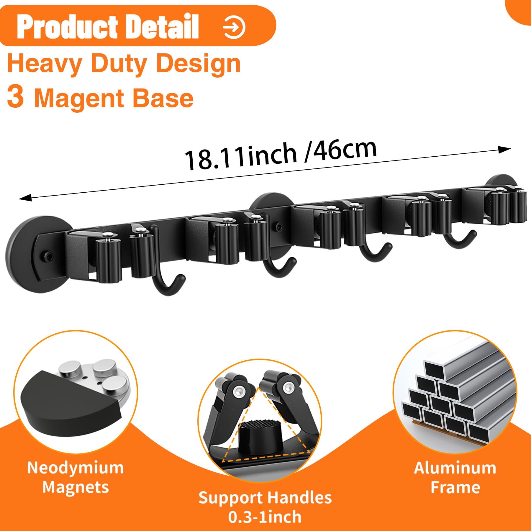 Magnetic Broom Holder Wall Mount with 4 Hooks and 5 Rack