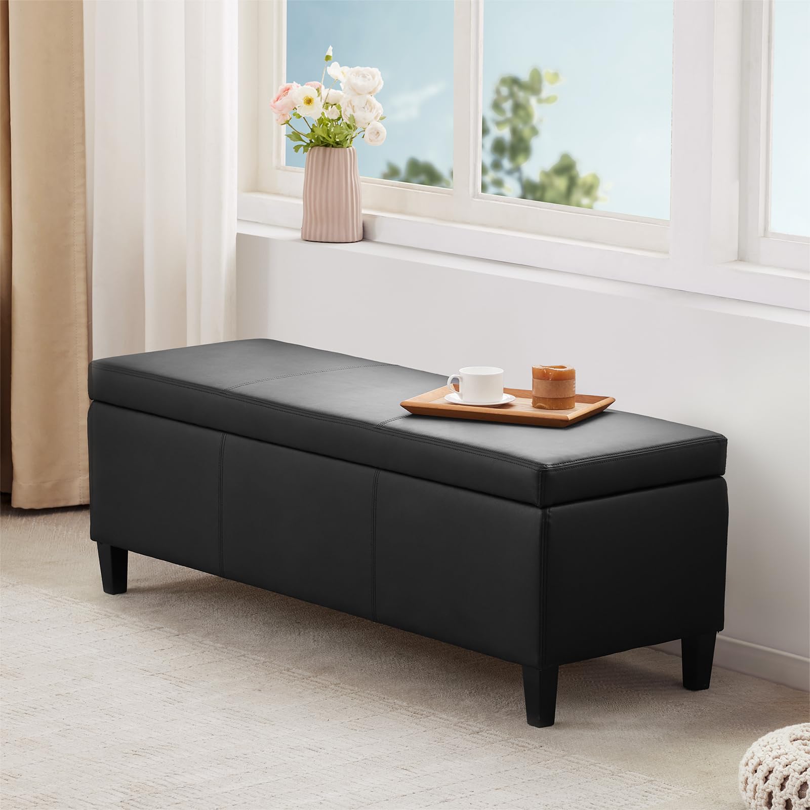Faux Leather Storage Ottoman Bench 50.3 Inch Extra Long PU Upholstered Bedroom Bench with Large Storage Space for the Living Room