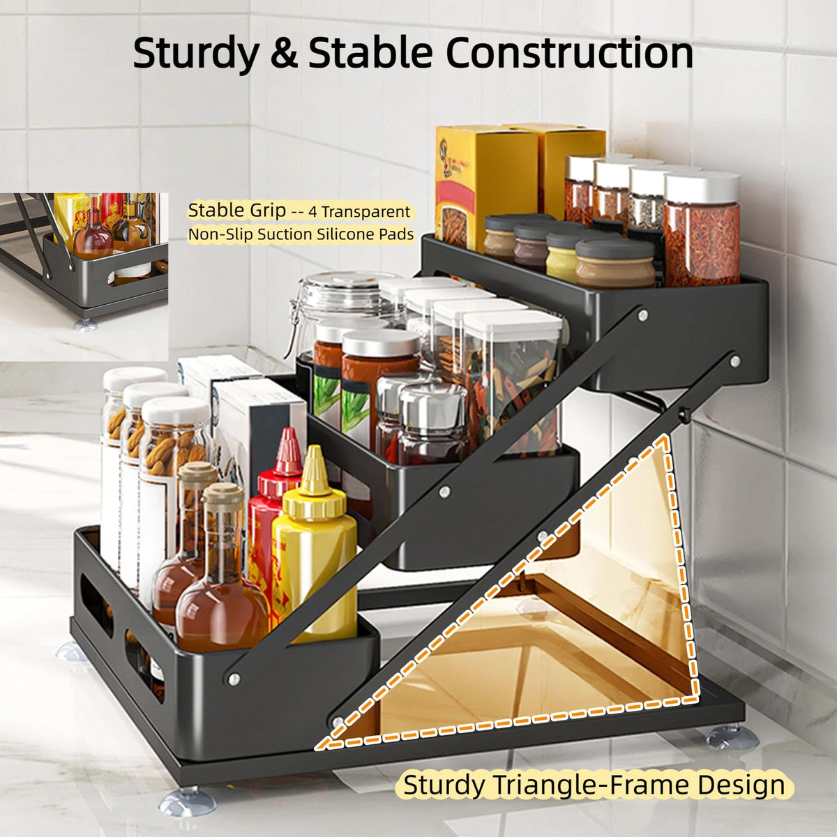 Spice Rack for Countertop 3 Tier Foldable Seasoning Organizer Jars Storage Holder Step Shelf for Cabinet Kitchen Black