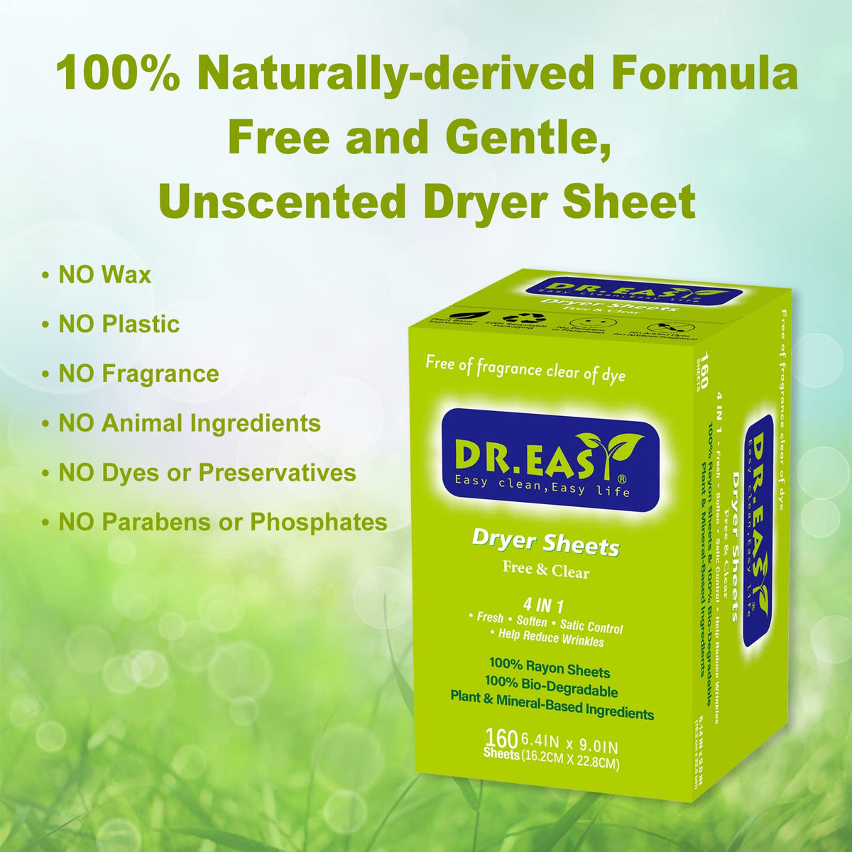 Dr.Easy Dryer Sheets Free & Clear Plant Based all ingredients for Sensitive Skin 160 Ct 100% Rayon Fabric Softener sheet unscented & no dyes Reduce Static & Wrinkles Soften Clothes Help Repel Pet Hair (160 Count)