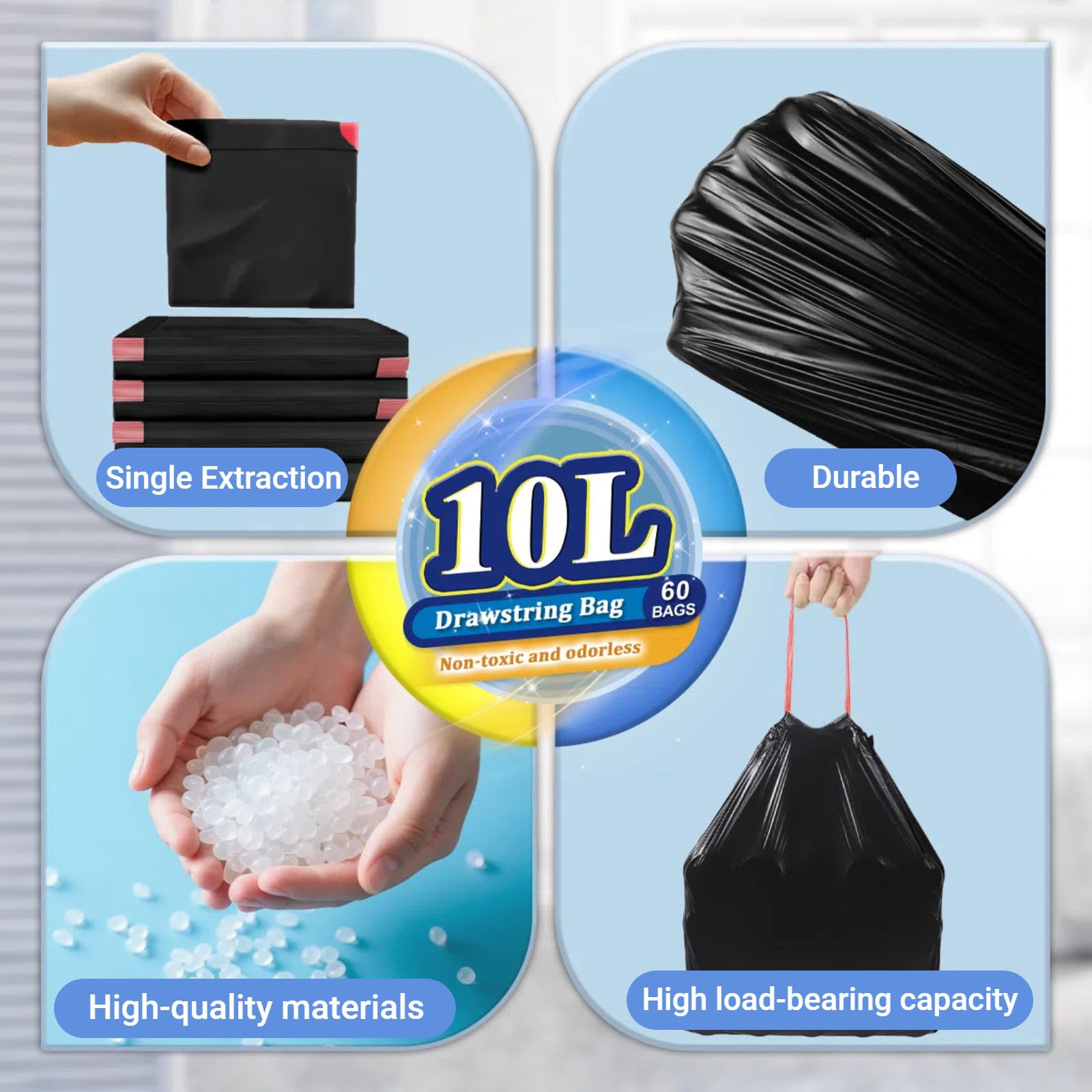 2.6 Gallon Black Bathroom Trash Bags Drawstring (60 Count)