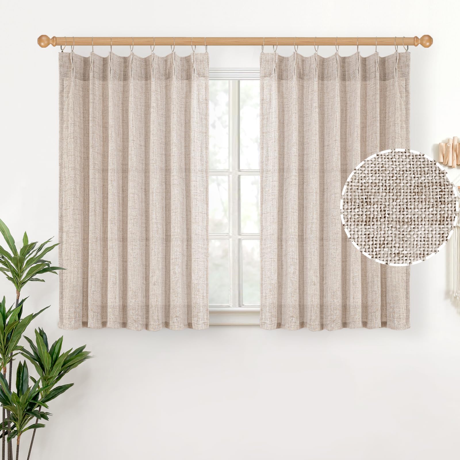 Short Natural Linen Curtains 45 Inch Length 2 Panels Pinch Pleated Light Filtering Textured Window Drapes for Bedroom Kitchen Cafe Privacy Back Tab