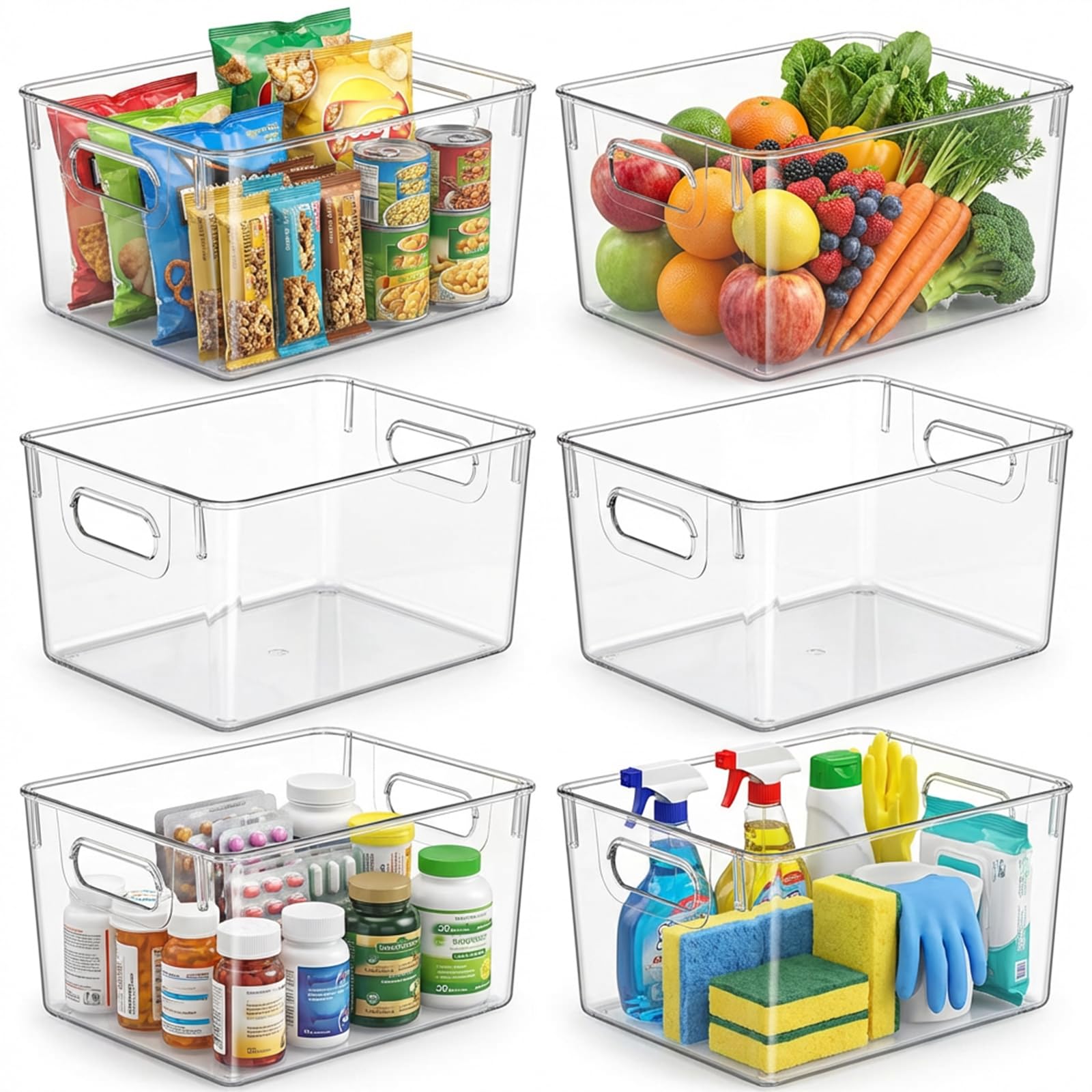6 Pack Clear Organizer Bins 11x8x6in Pantry Organizers and Storage