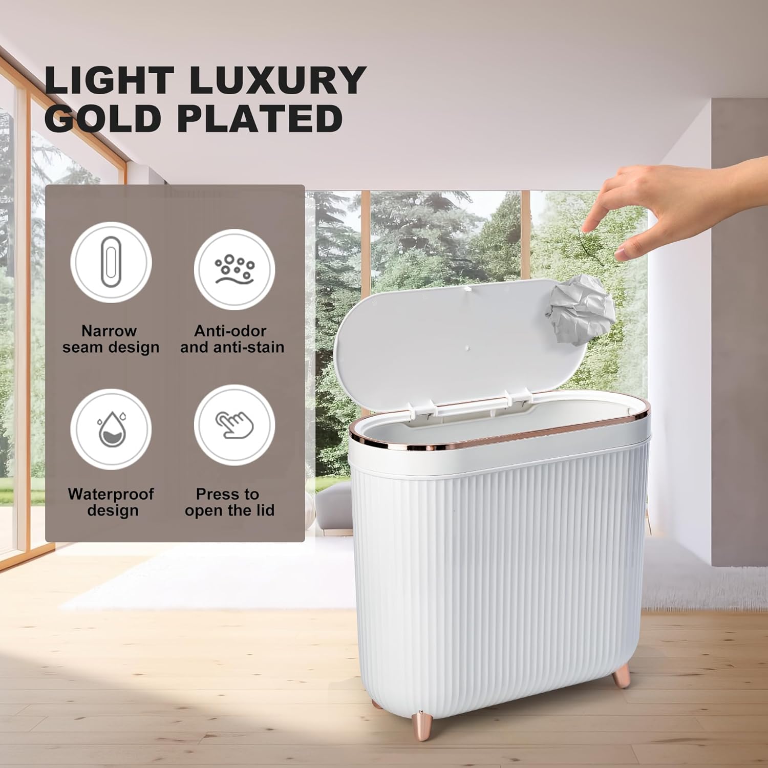 Bathroom Trash Can with Lid 3.2 Gallon Narrow Trash Can Small Plastic Trash Bin 12 Liter Rectangular Plastic Garbage Can with Press Type Lid for Bedroom Bathroom Milk White
