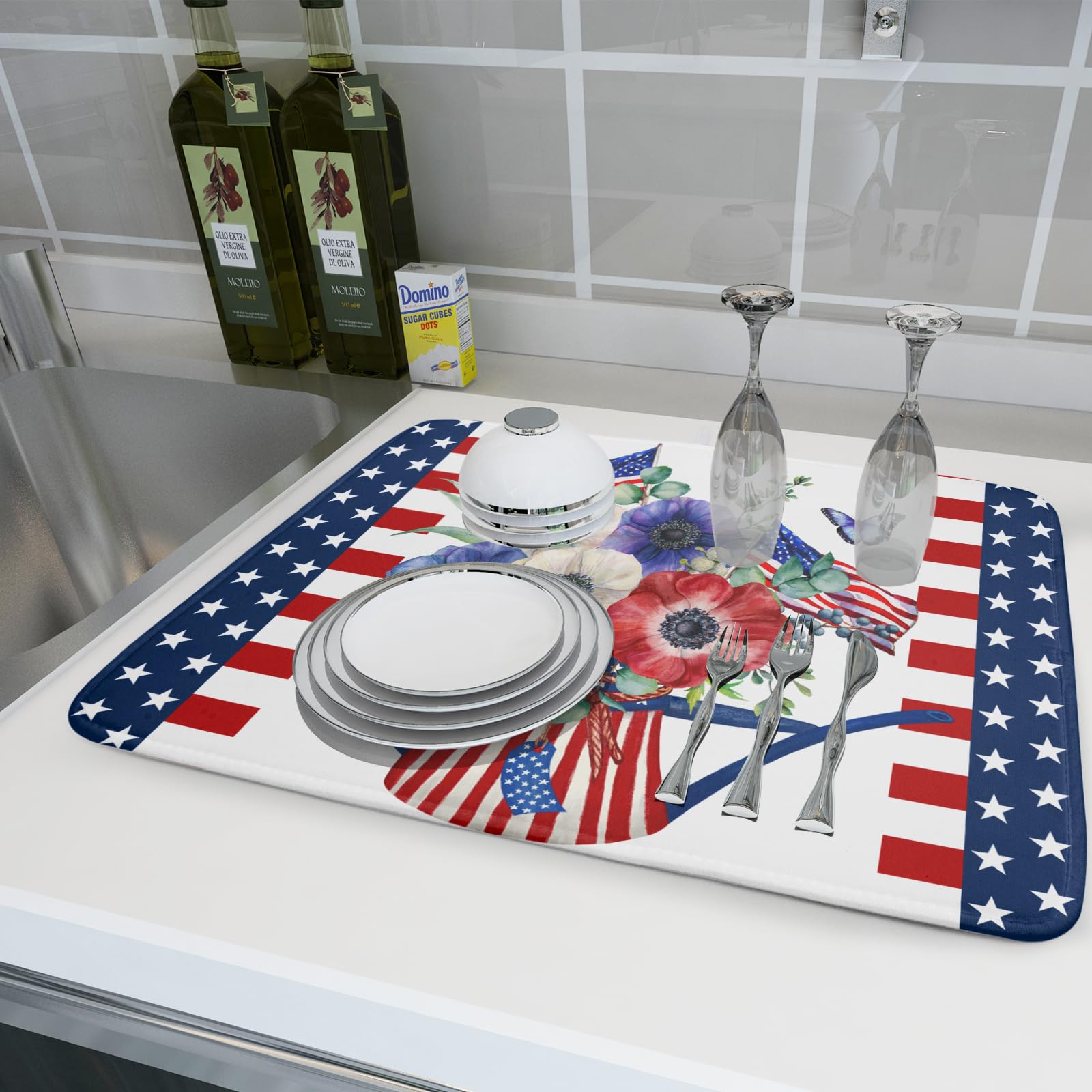 American Flag 4th of July Dish Drying Mats for Kitchen Counter Patriotic Flowers Dry Dishes Pads 16x18 Inch Microfiber Absorbent Independence Day Drainer Pad Tableware Mats Protector for Countertops