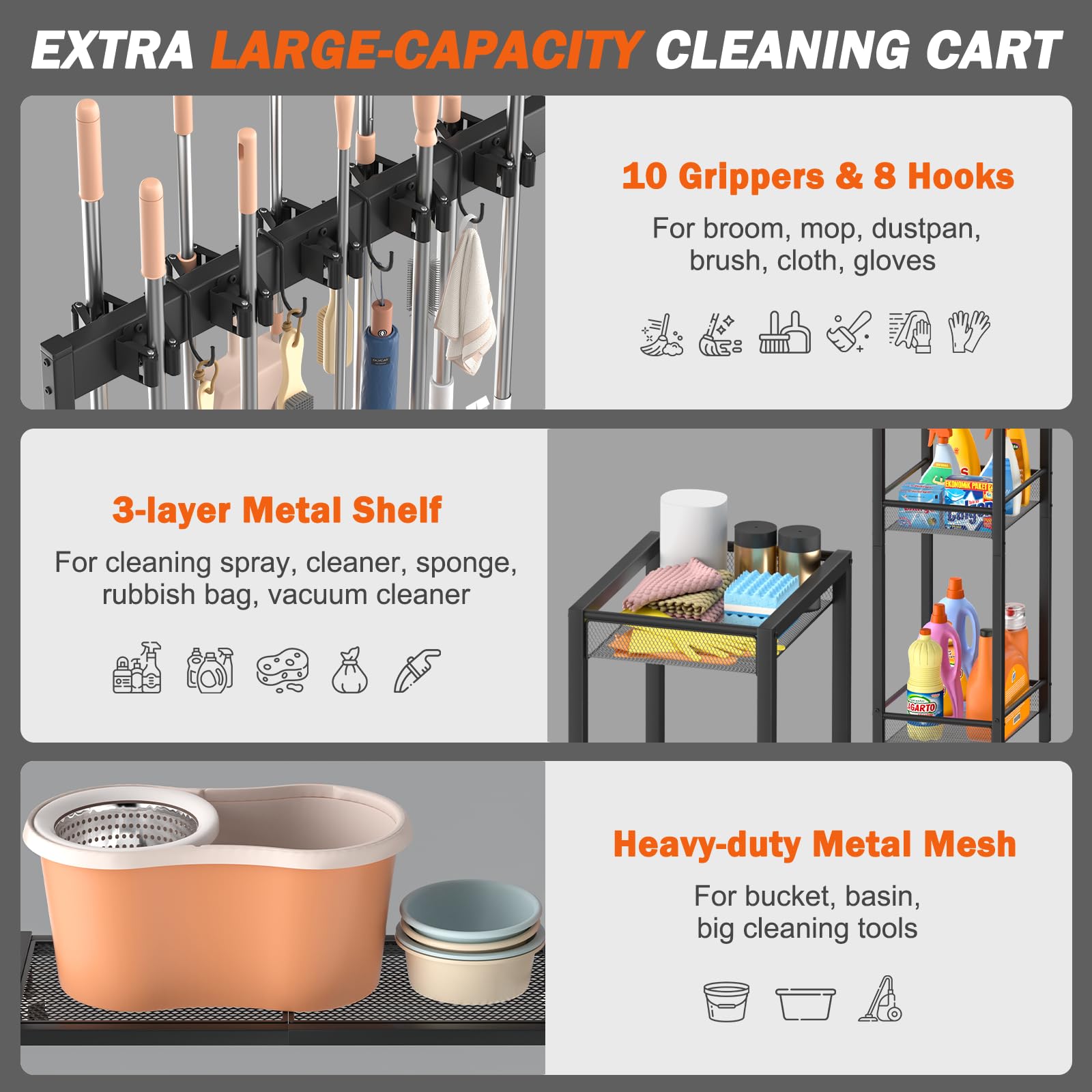 Broom Holder with Cleaning Supplies Organizer