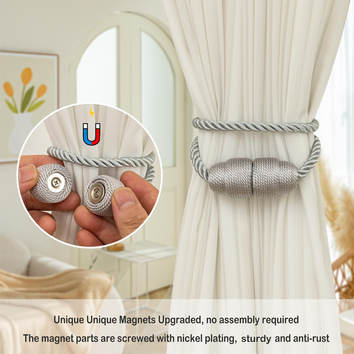 Magnetic Curtain Tiebacks Rope Curtain Tie Backs for Curtains 4 Pack Curtain Holders for Drapes Decorative Window Curtain Holdbacks (4 Count)