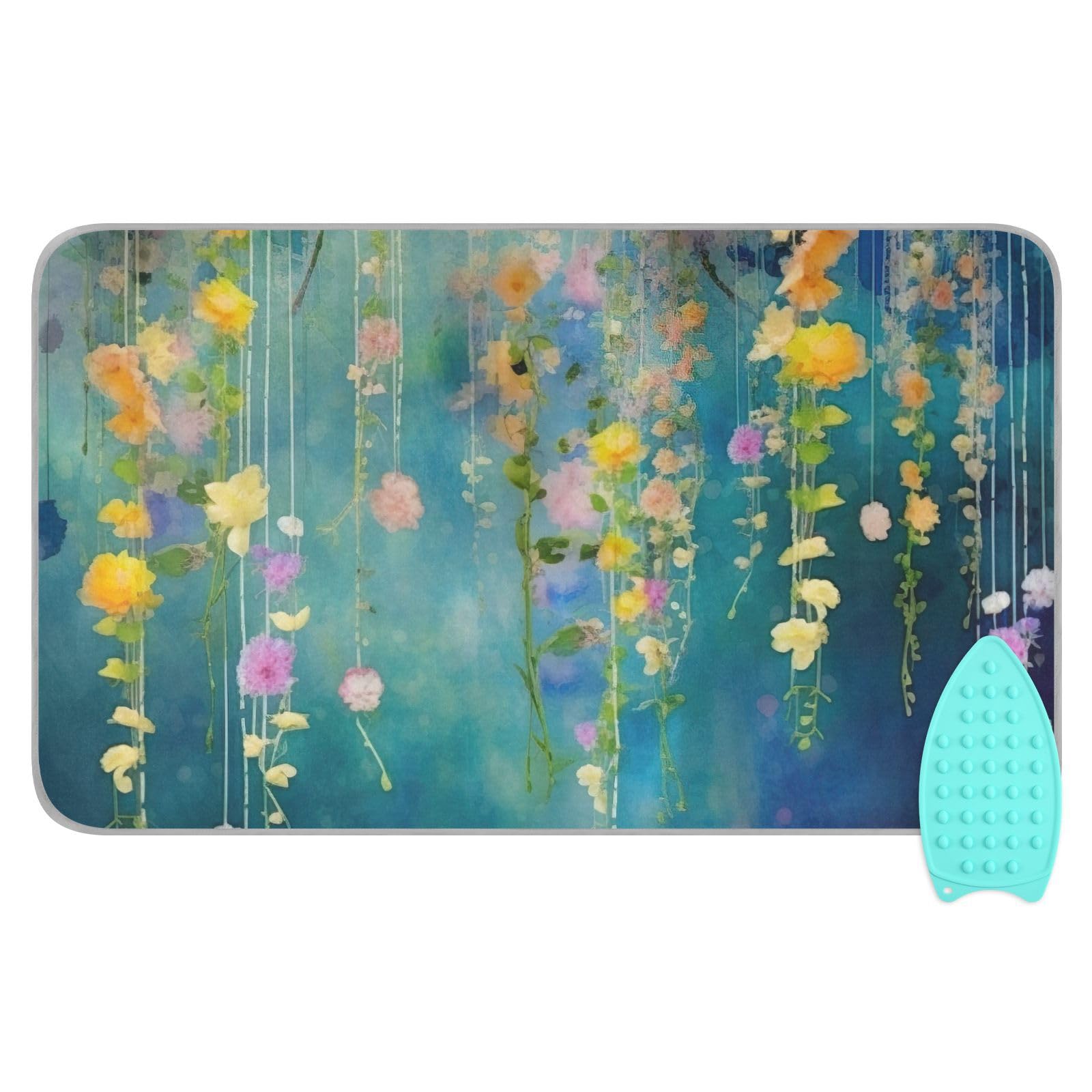Watercolor Fowers Ironing Blanket Thick Portable Ironing Pad Travel Ironing Mat with Silicone Pad Heat Resistant Ironing Board Cover for Table Top
