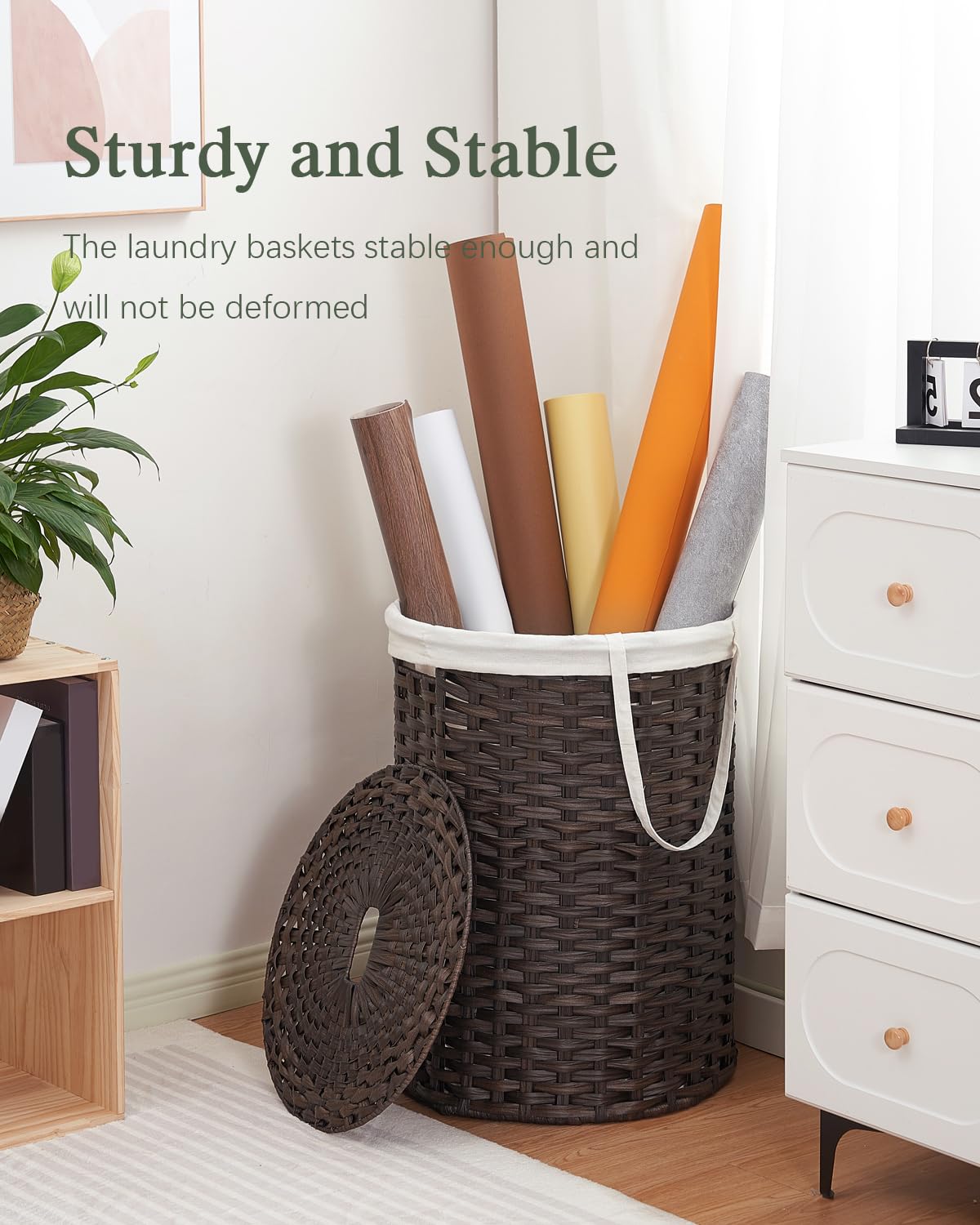 Laundry Basket with Lid Round Rattan PE Laundry Hamper