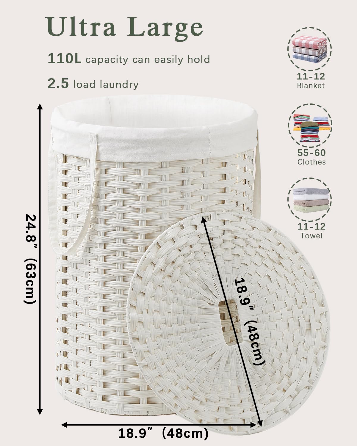 Laundry Basket with Lid Round PE Rattan Laundry Hamper