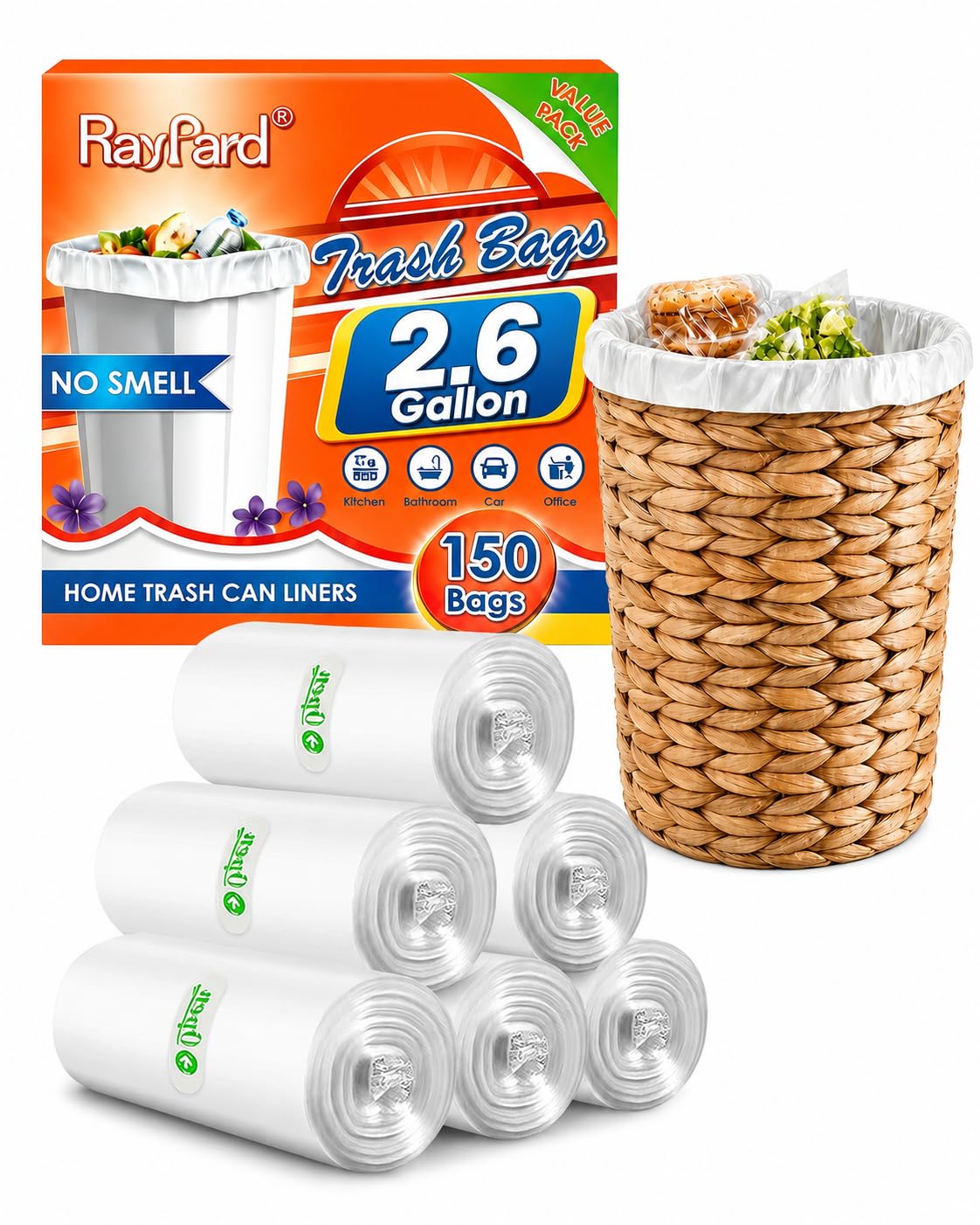 2.6 Gallon Small Clear Trash Bags Garbage Bags by RayPard (150 Count)