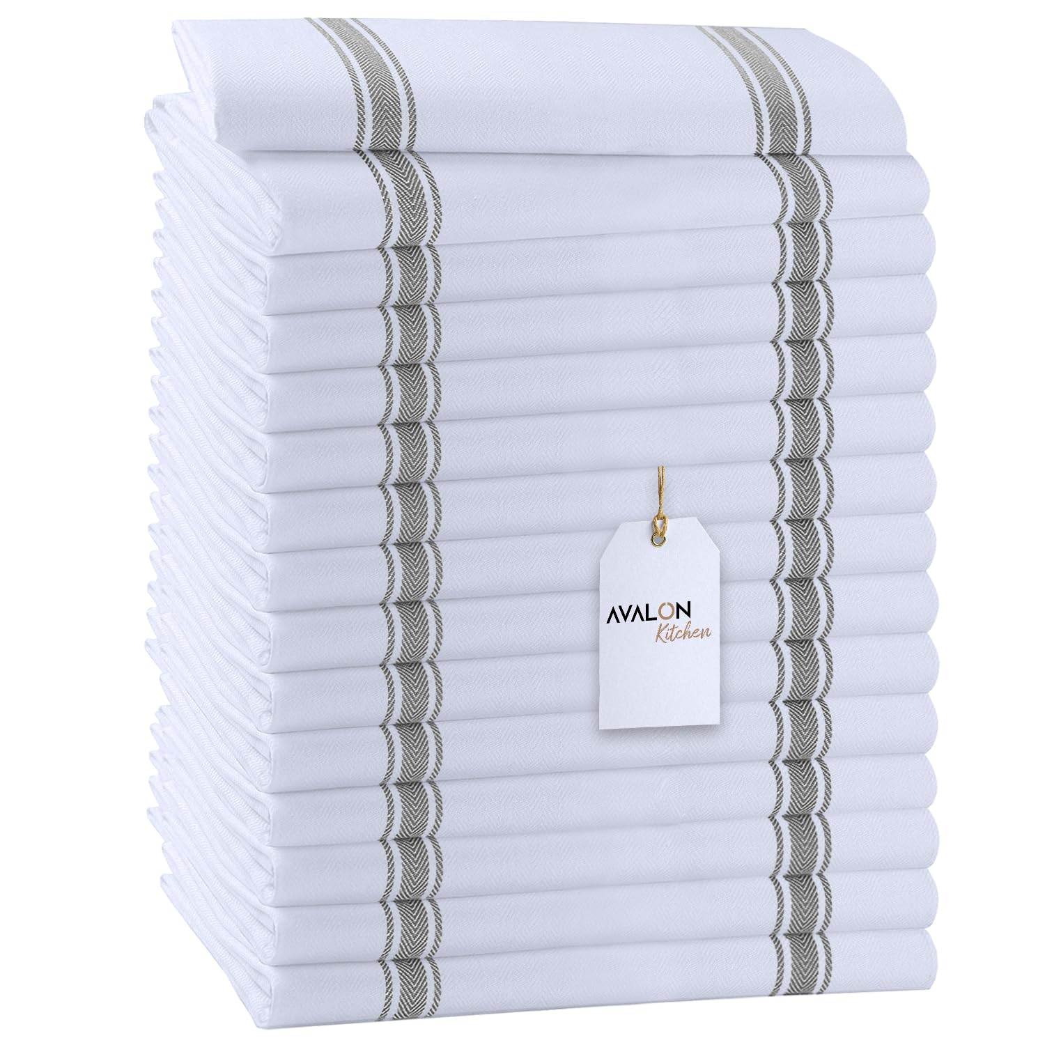 Dish Towels 15 Pack Grey Stripe 100% Cotton Kitchen Towel 15x25 Inch Tea Towels (15 Count)