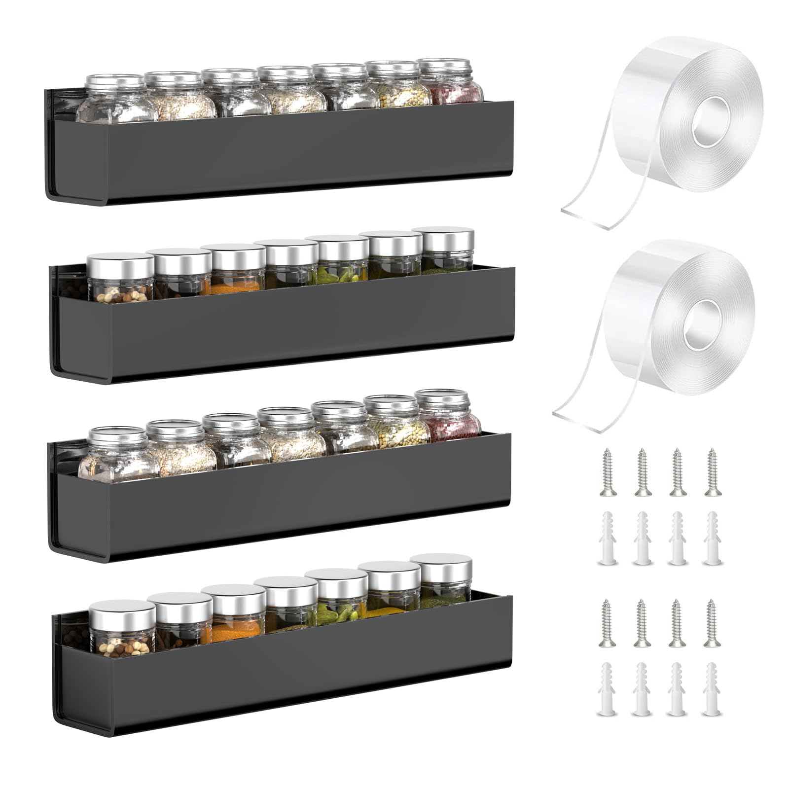 4 Pack Black Acrylic Spice Rack Organizers for Cabinet Doors