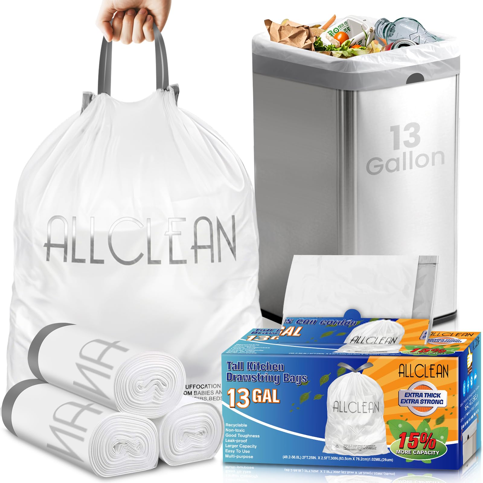Trash Bags 15 Gallon Tall Kitchen Drawstring Garbage Bag