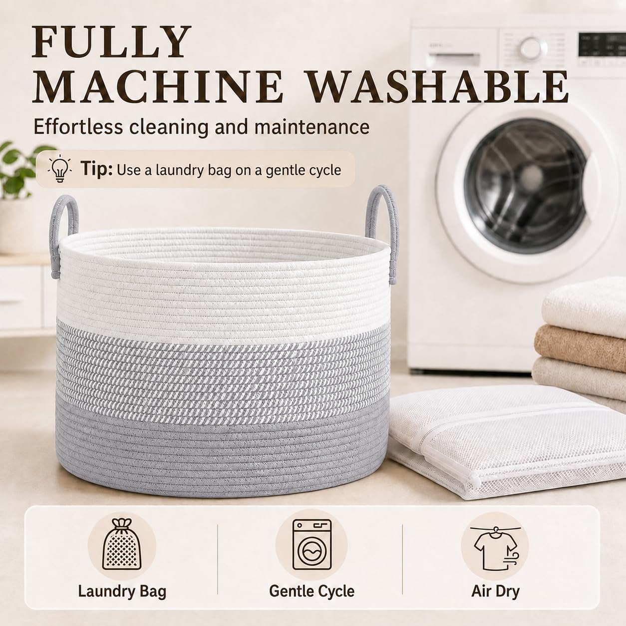 115L Extra Large Machine Washable Cotton Rope Blanket Basket