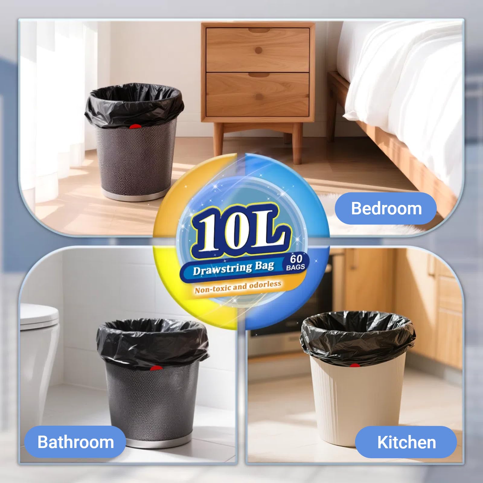 2.6 Gallon Black Bathroom Trash Bags Drawstring (60 Count)