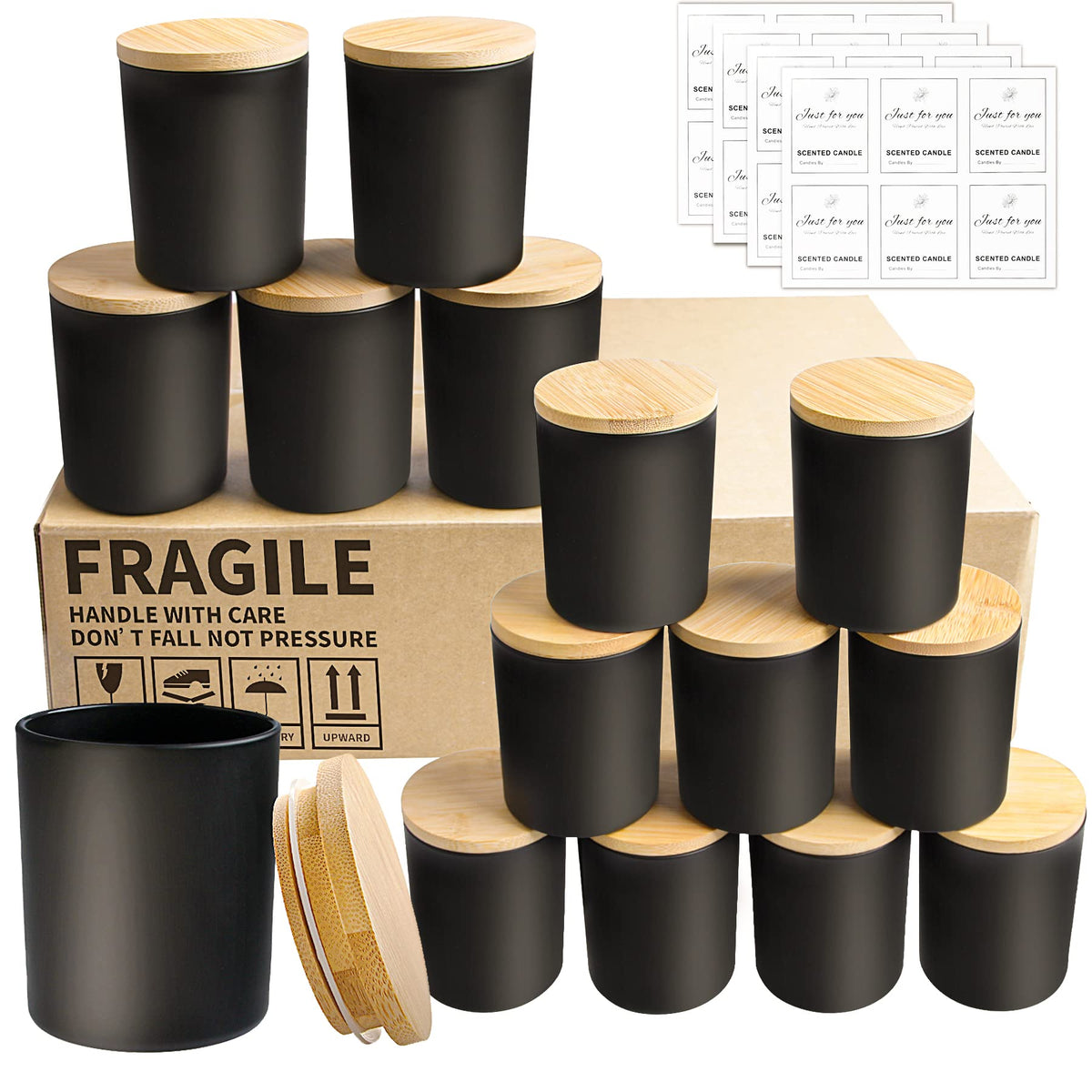 15 Pack 7 OZ Matte Black Candle Jars with Bamboo Lids (15 Count)