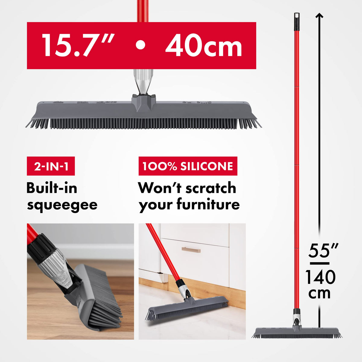 2-in-1 Silicone Rubber Broom Carpet Rake and Squeegee - Swivel Pet Hair Removal Broom - 4 Piece Handle - Slanted Side Bristles for Corners - Multipurpose Rubber Broom for Carpet, Hardwood Floor, Tile