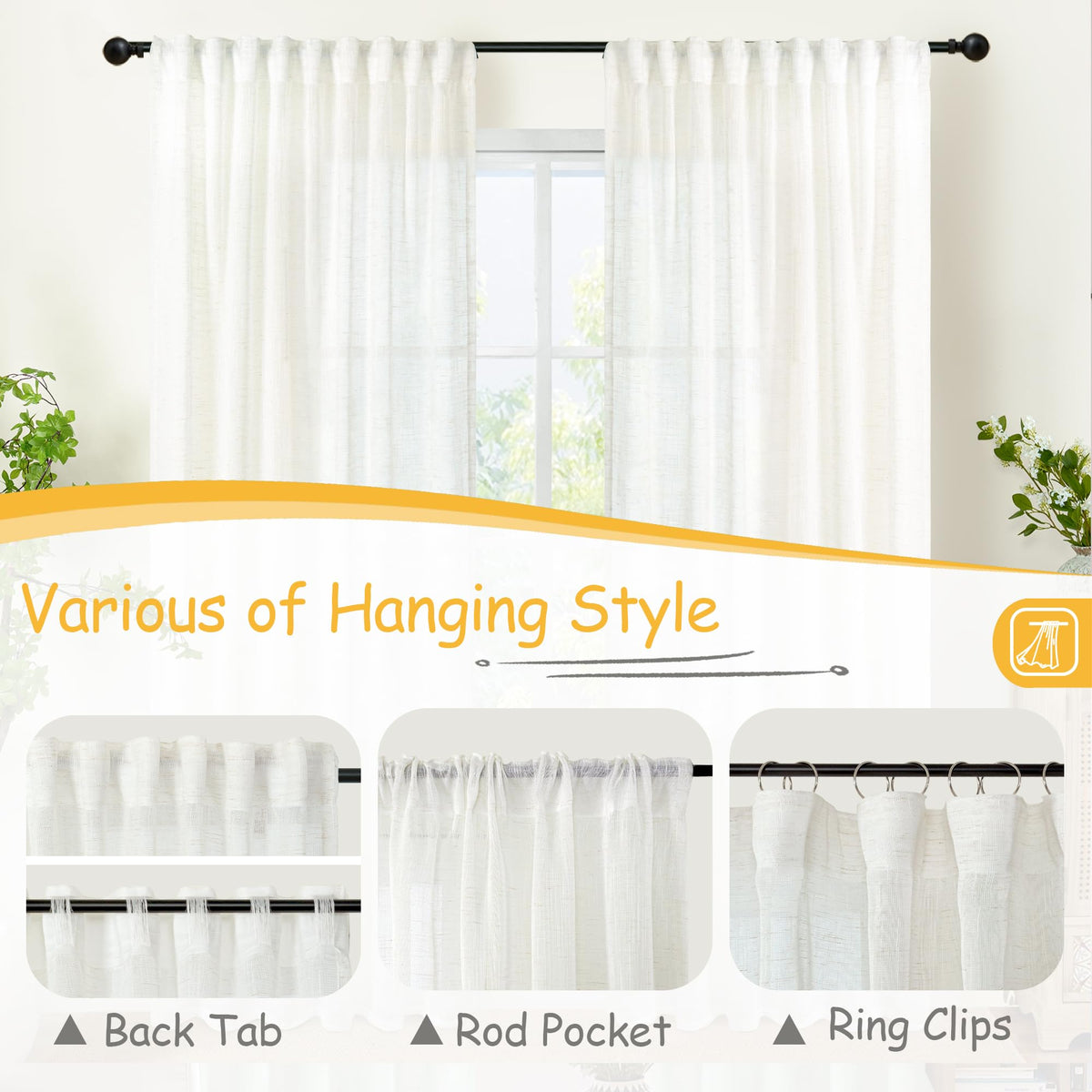 Linen Sheer Curtains 63 Inch Length 2 Panels for Living Room (2 Count)