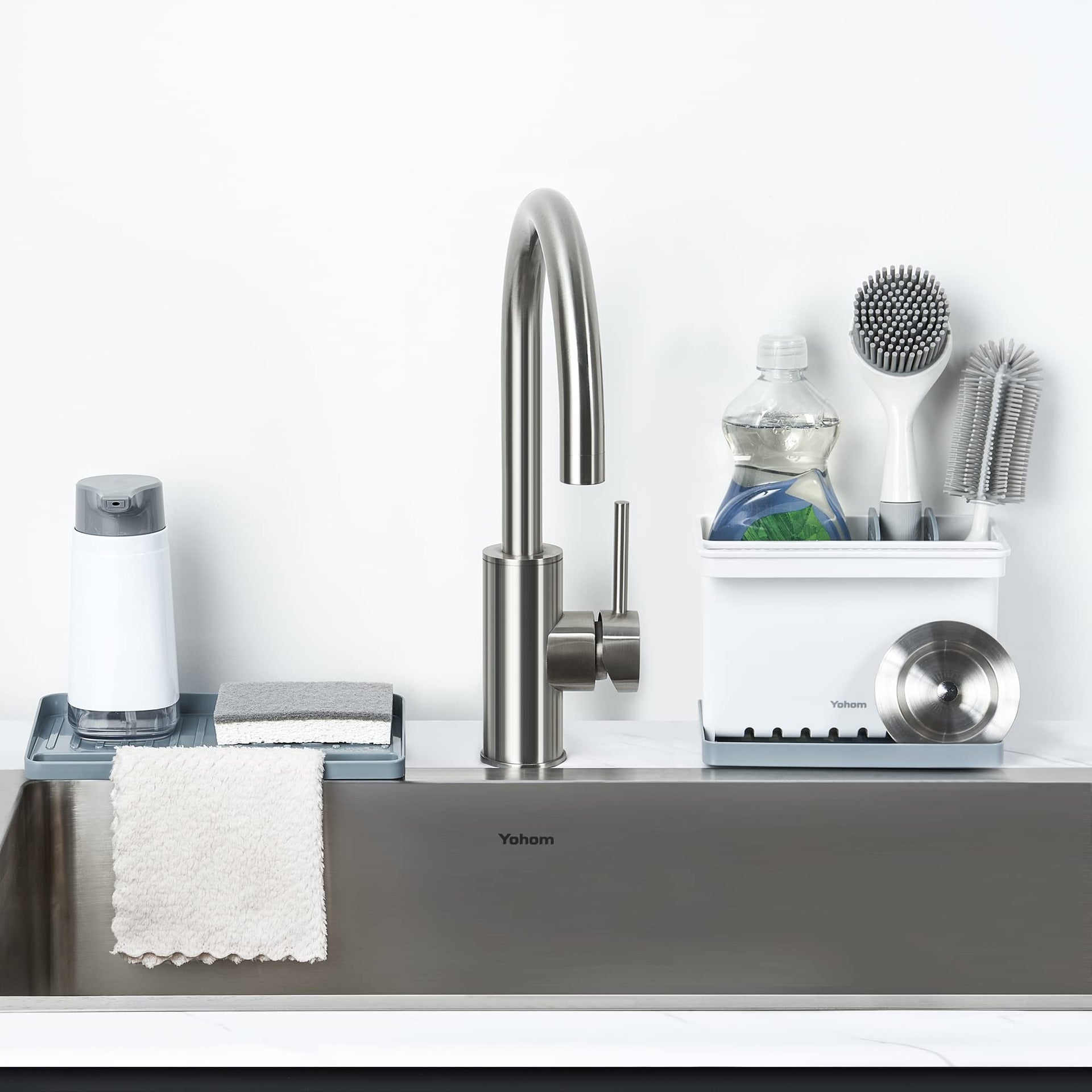 Sink Brush Holder for Kitchen Sink Sponge Caddy Countertop Organizer Plastic Dish Scrubber Holder with Dividers