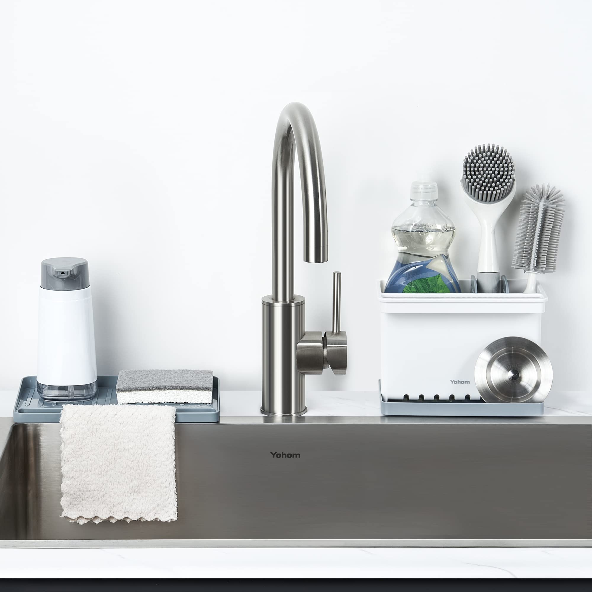 Sink Brush Holder for Kitchen Sink Sponge Caddy Countertop Organizer Plastic Dish Scrubber Holder with Dividers