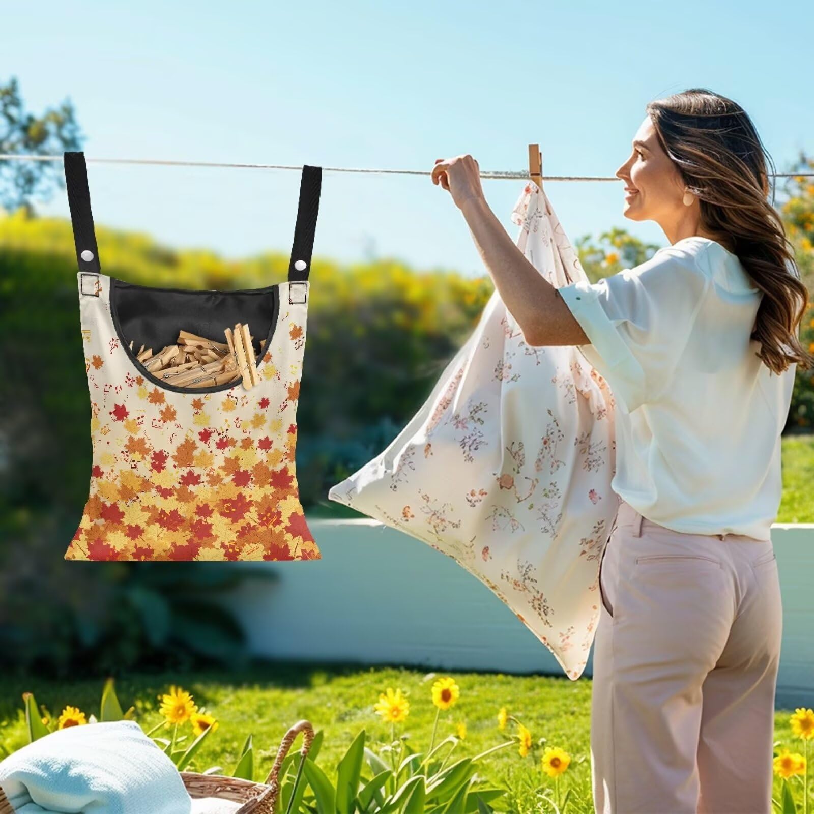 Maple Leaf Print Clothespin Bag Clothespin Bag for Clothesline Outdoor Clothespins Storage with Hanger Hook Waterproof Clothespins Bags Hanging for Indoor Outdoor