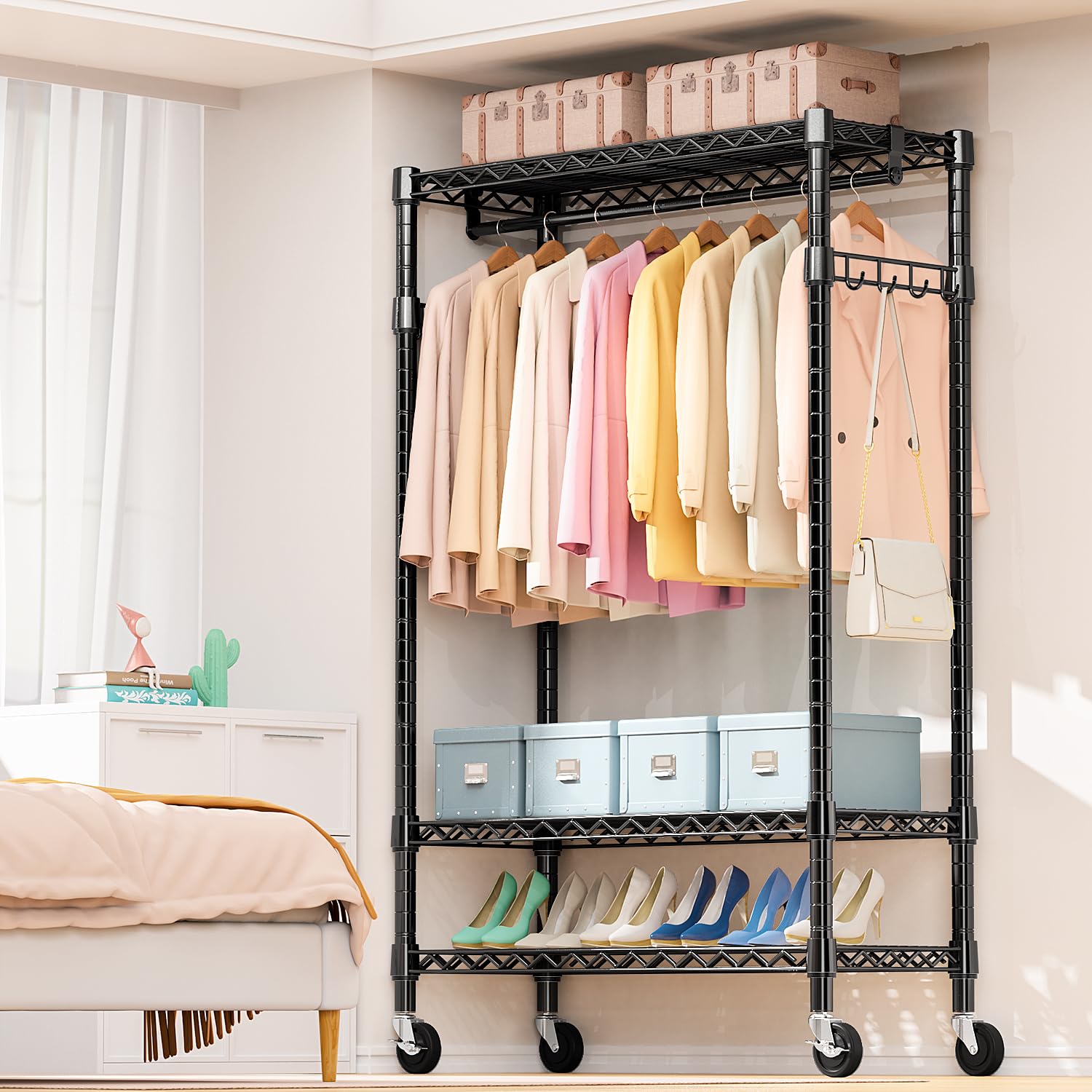 Heavy Duty Rolling Garment Rack 3 Tiers Adjustable Wire Shelving Clothes Rack with Rods and Side Hooks