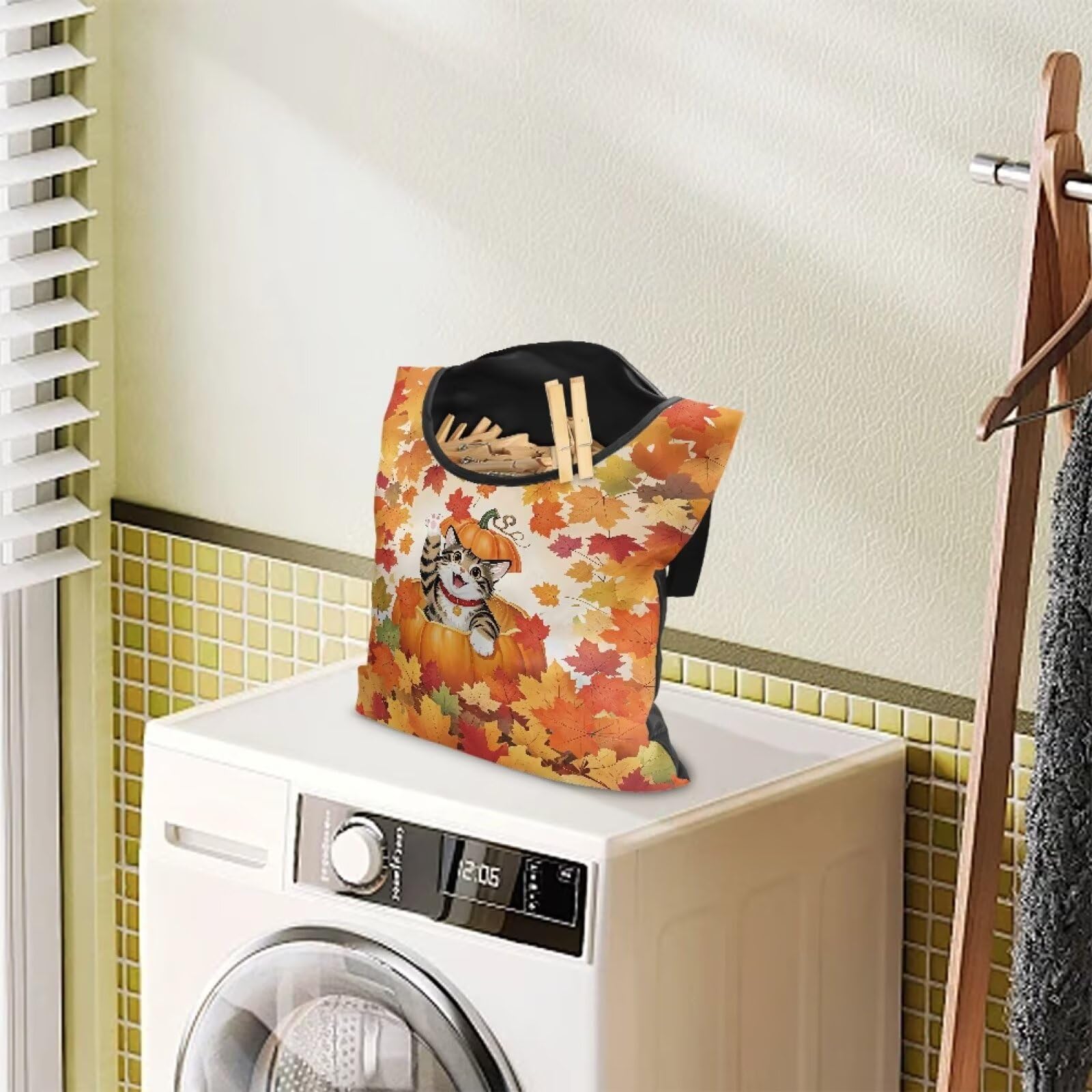 Fall Cat Pumkpin Clothespin Bags with Hanging Rope Maple Space