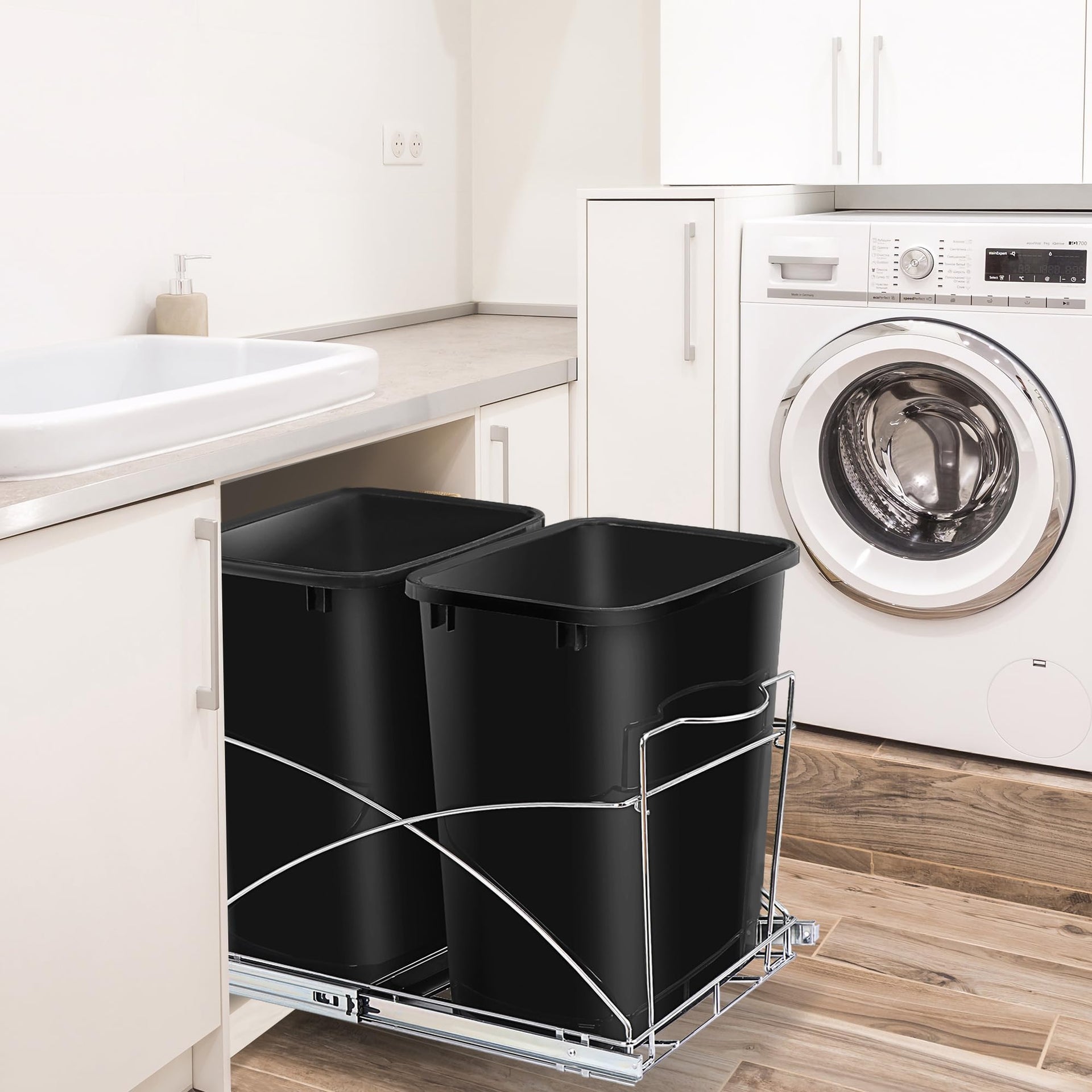 Double 35 Quart Pull Out Trash Can Under Cabinets Under Sink Garbage Sliding Waste Bin Container Recycling Bins with Chrome Wire Bottom Mount 44 lbs Load Capacity