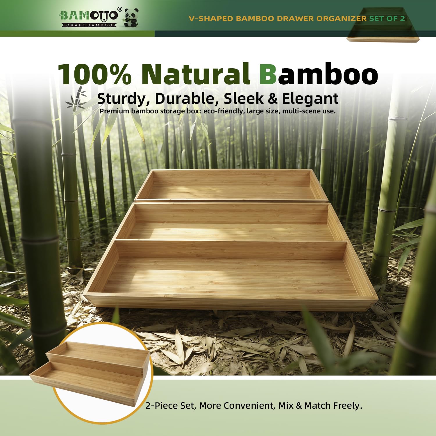 Long V Shaped Bamboo Drawer Organizer Set of 2 (59.2 Ounce)