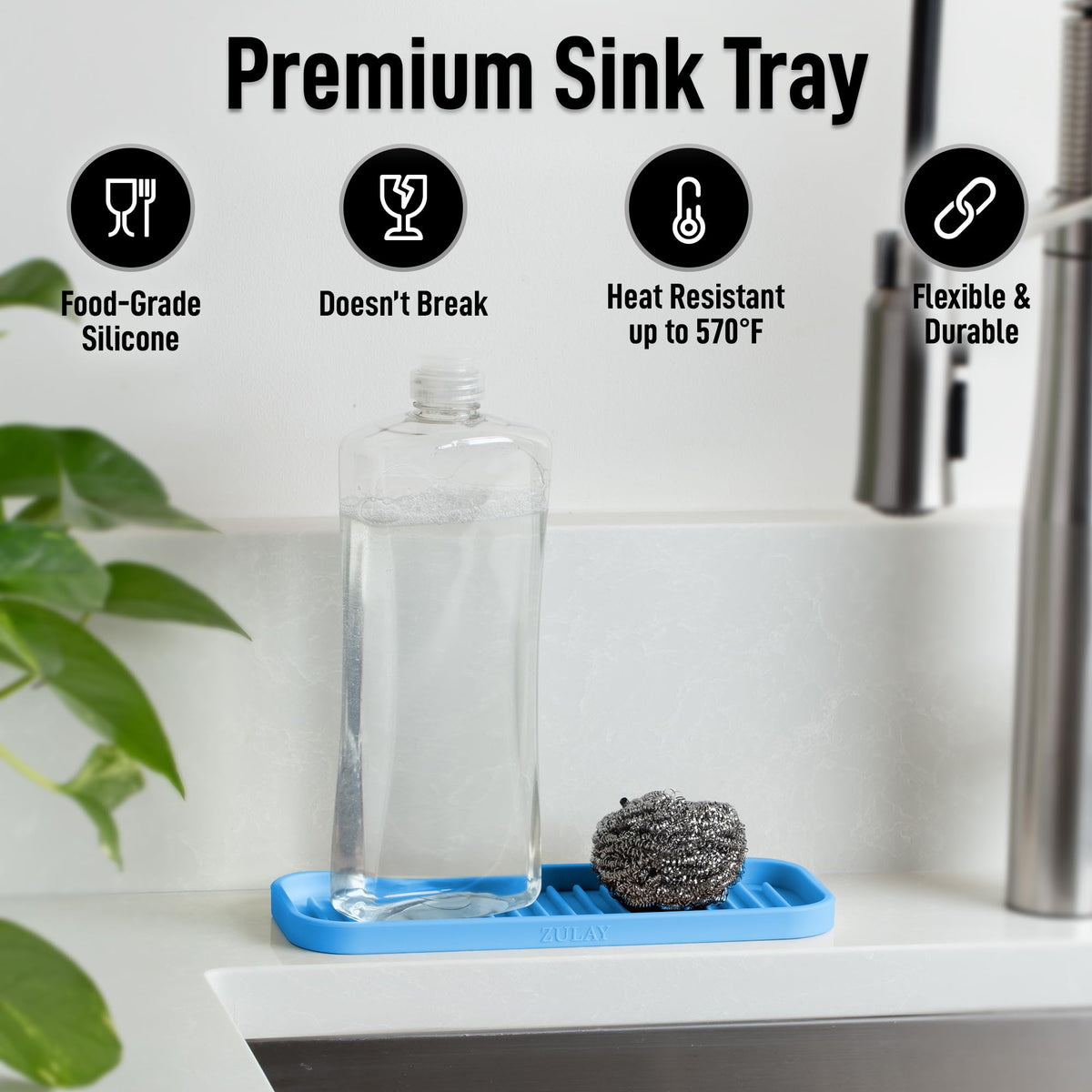 9x3.5) Silicone Sponge Holder for Kitchen Sink - Flexible Multipurpose Kitchen Soap Tray Sponge Holder - Sink Organizer Tray for Kitchen, Bathroom, Makeup, Trinkets & More (Blue)