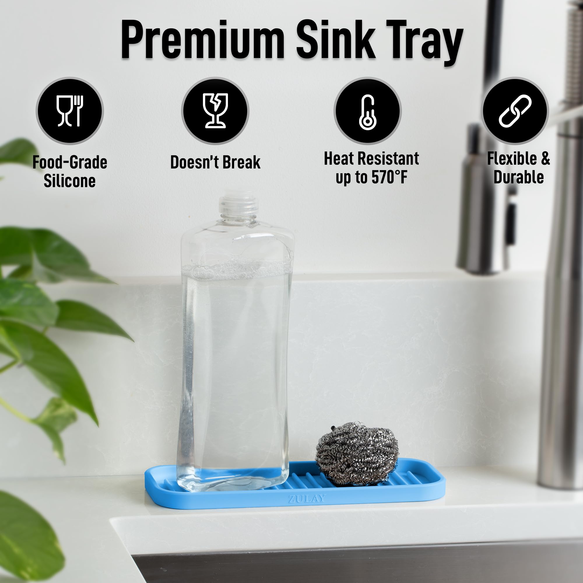 9x3.5) Silicone Sponge Holder for Kitchen Sink - Flexible Multipurpose Kitchen Soap Tray Sponge Holder - Sink Organizer Tray for Kitchen, Bathroom, Makeup, Trinkets & More (Blue)