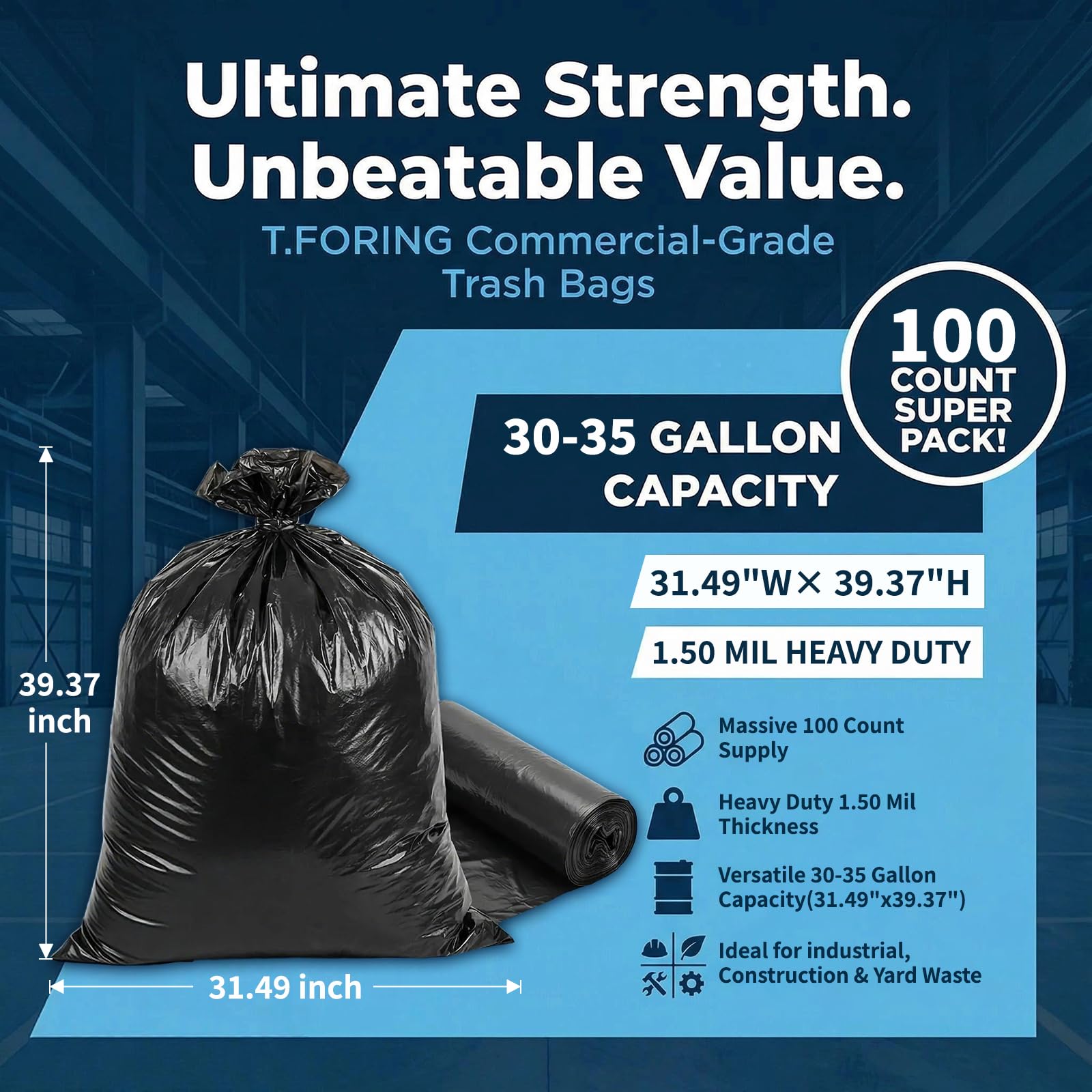 30 35 Gallon Trash Bags Heavy Duty 1.5 Mil (100 Count)