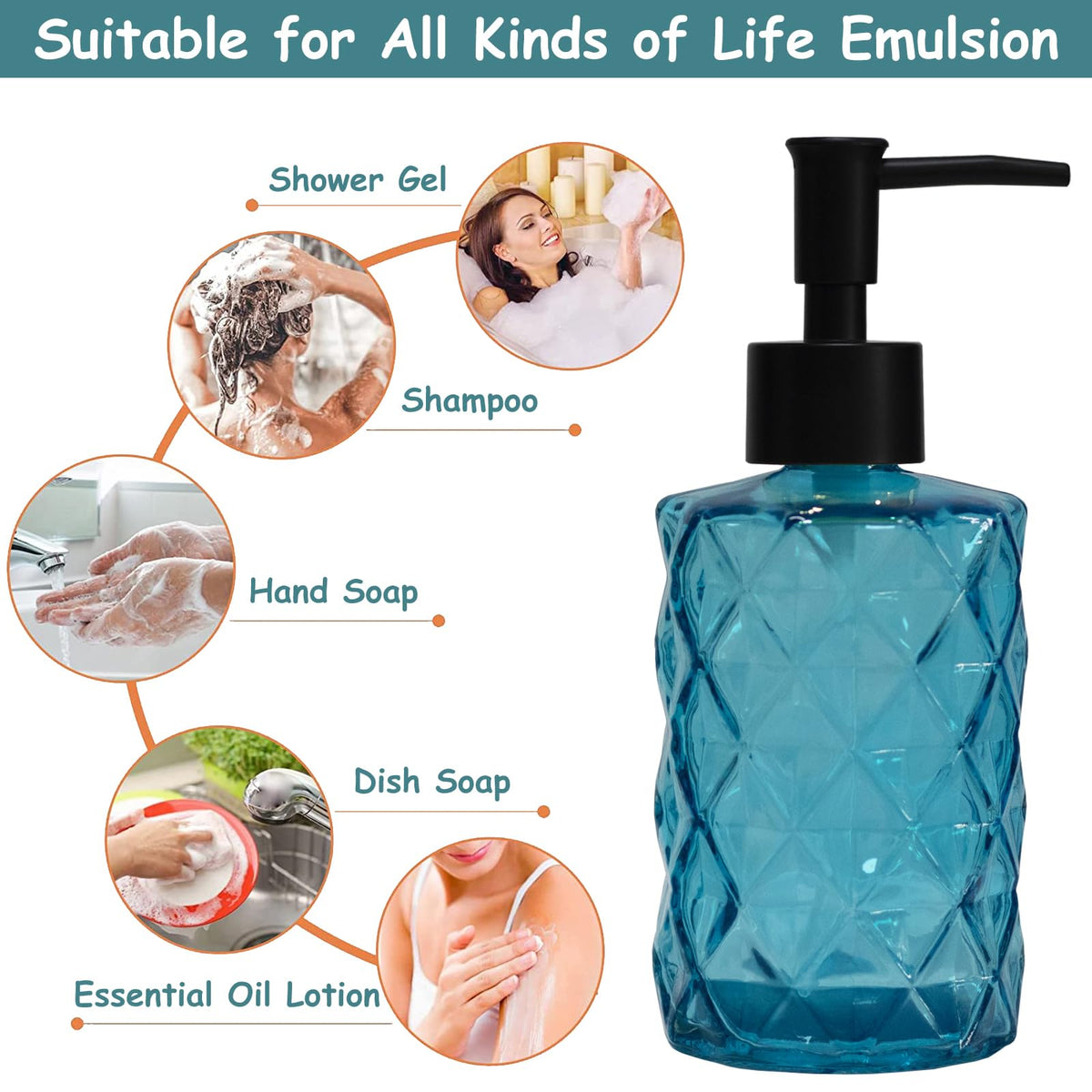 Blue Glass Soap Dispenser with Black Plastic Pump